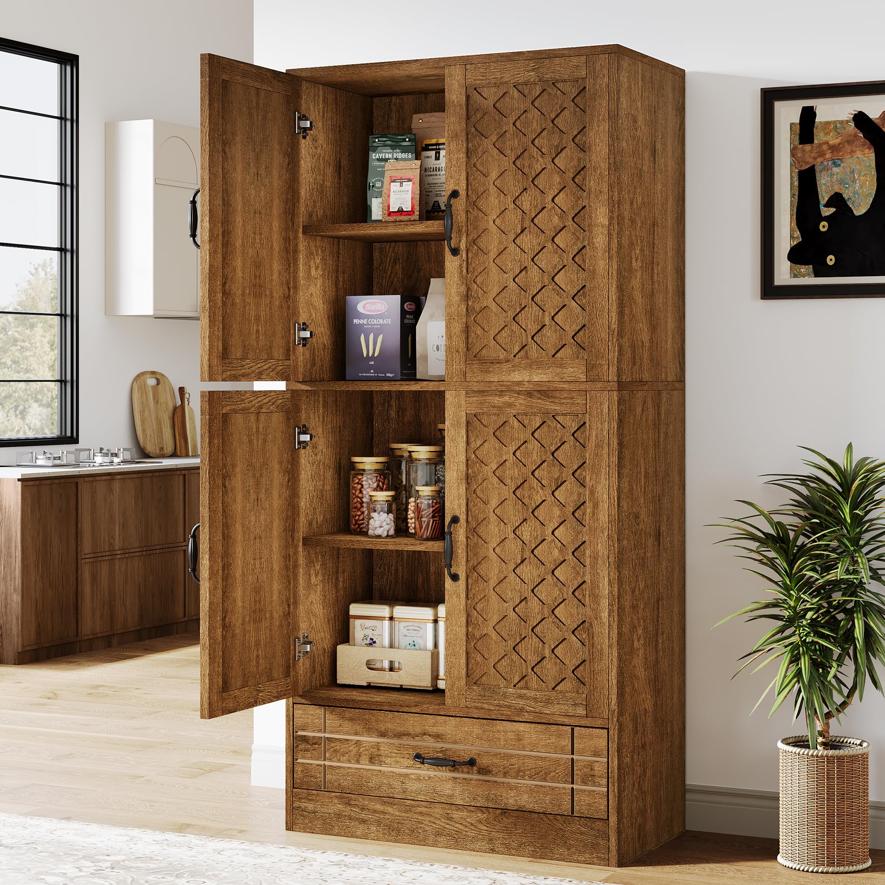 Tribesigns 70" Tall Pantry Storage Cabinet with Doors, Shelves, Drawer - Large Rustic Brown Food Storage for Kitchen, Dining Room, Bathroom, - Image 3