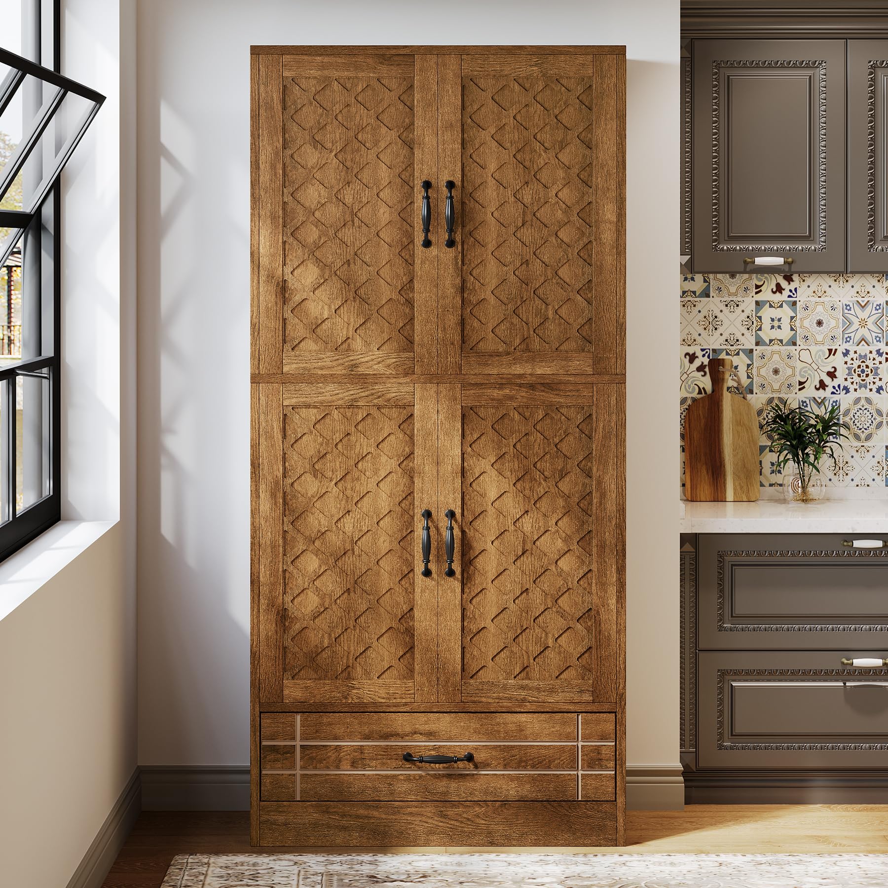 Tribesigns 70" Tall Pantry Storage Cabinet with Doors, Shelves, Drawer - Large Rustic Brown Food Storage for Kitchen, Dining Room, Bathroom, - Image 6