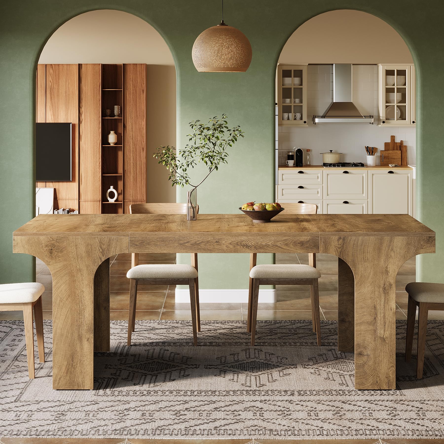 Tribesigns 71-Inch Large Dining Table for 6-8, Farmhouse Wooden Kitchen Table with Arched Design, Rectangular Dining Room Furniture with Double Pedestal for Dinner, Banquet, Natural Wood Grain - Image 9