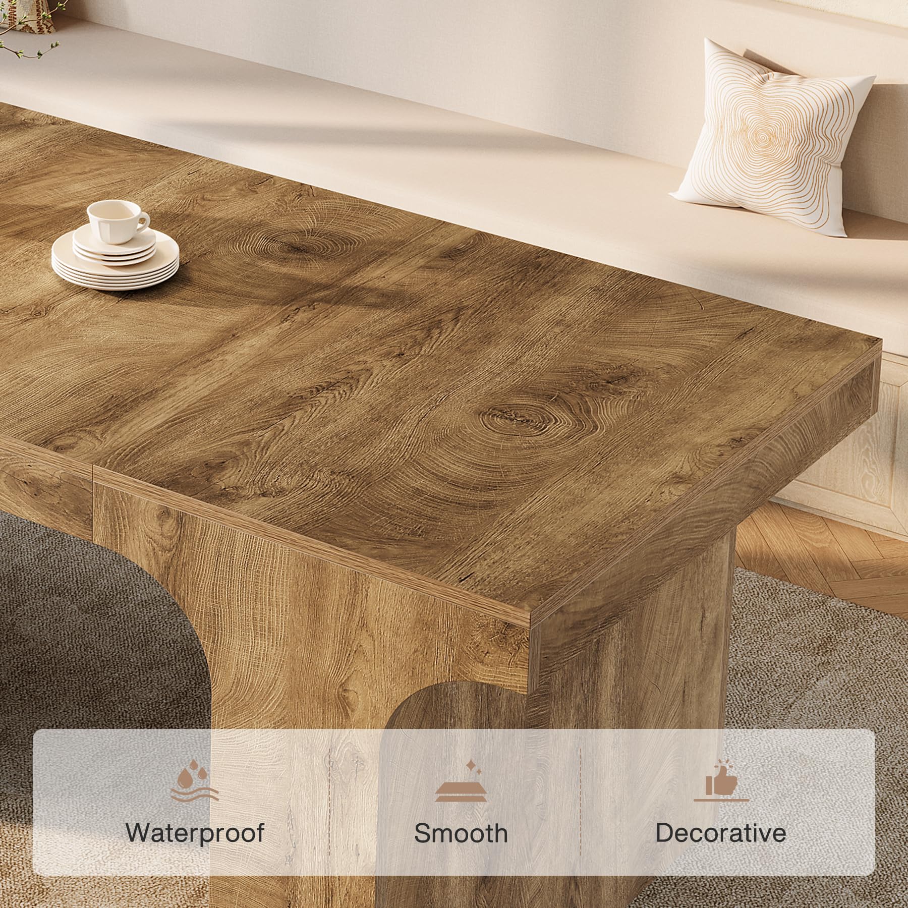 Tribesigns 71-Inch Large Dining Table for 6-8, Farmhouse Wooden Kitchen Table with Arched Design, Rectangular Dining Room Furniture with Double Pedestal for Dinner, Banquet, Natural Wood Grain - Image 8