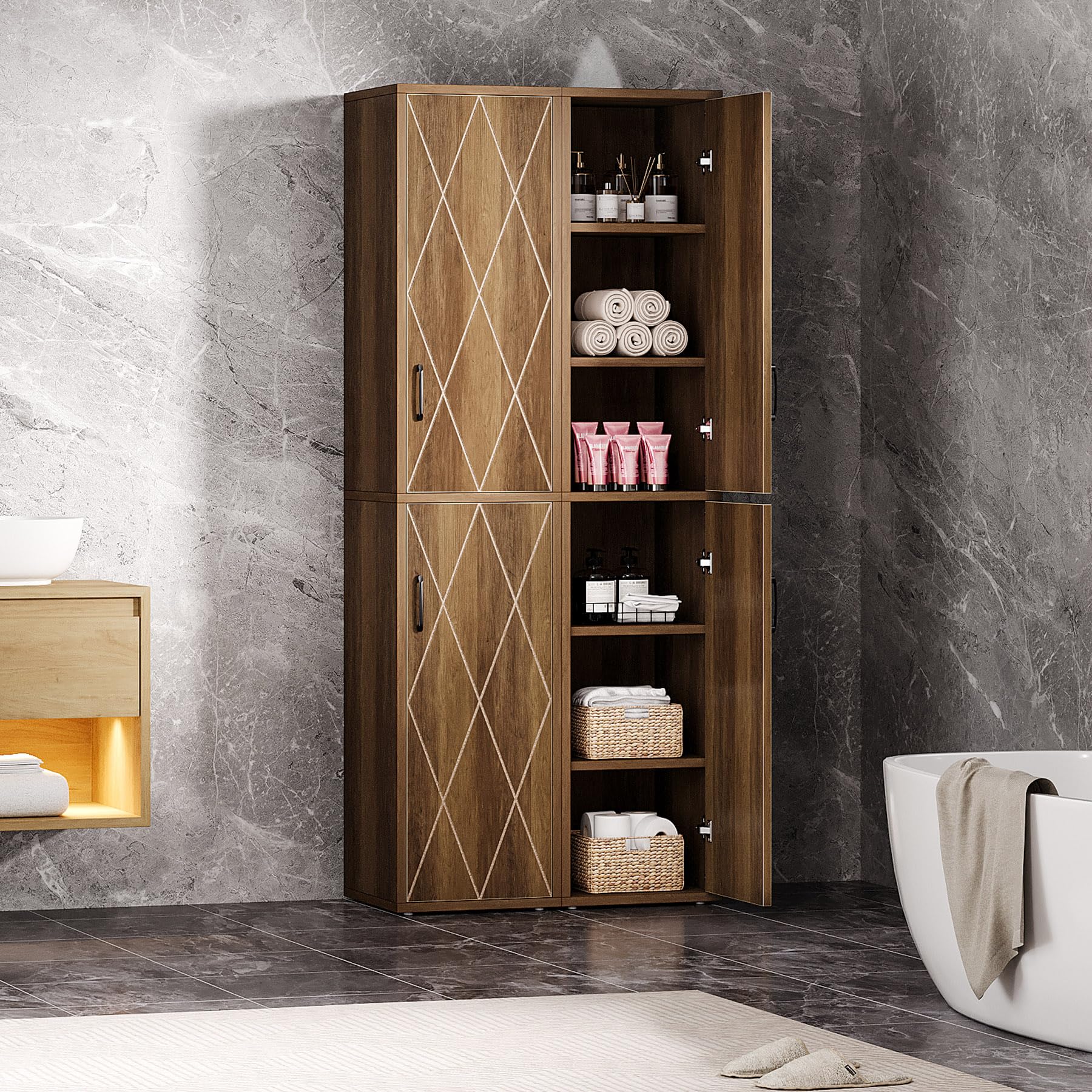 Tribesigns 75" Tall Narrow Storage Cabinet, 15 Inch Wide Wood Kitchen Pantry Cabinet with Doors and 6 Shelves, Free Standing Utility Cabinet for Bathroom, Small Space, Laudry, Brown - Image 5