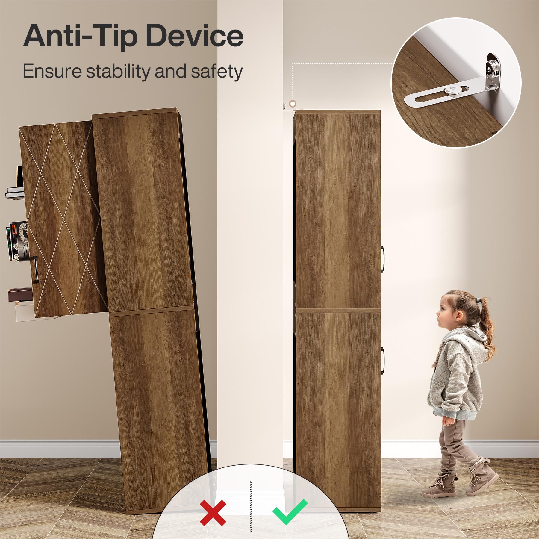 Tribesigns 75" Tall Narrow Storage Cabinet, 15 Inch Wide Wood Kitchen Pantry Cabinet with Doors and 6 Shelves, Free Standing Utility Cabinet for Bathroom, Small Space, Laudry, Brown - Image 7