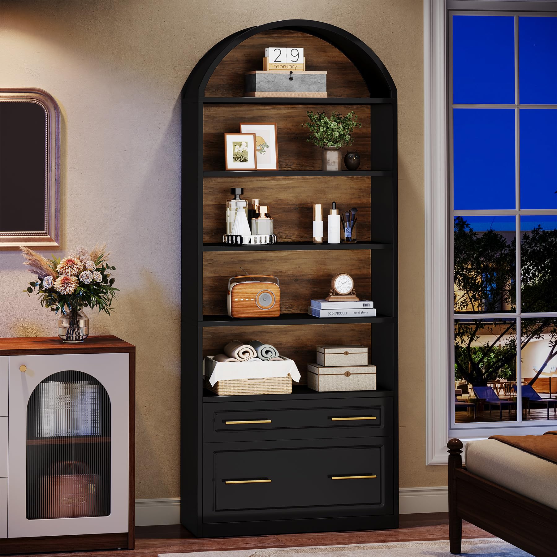 Tribesigns 76.8" Tall Arched Bookcase, 5-Tier Bookshelf with File Cabinet Drawer, Modern Freestanding Wooden Bookshelves, Large Open Display Storage Shelves for Home Office, Living Room - Image 3