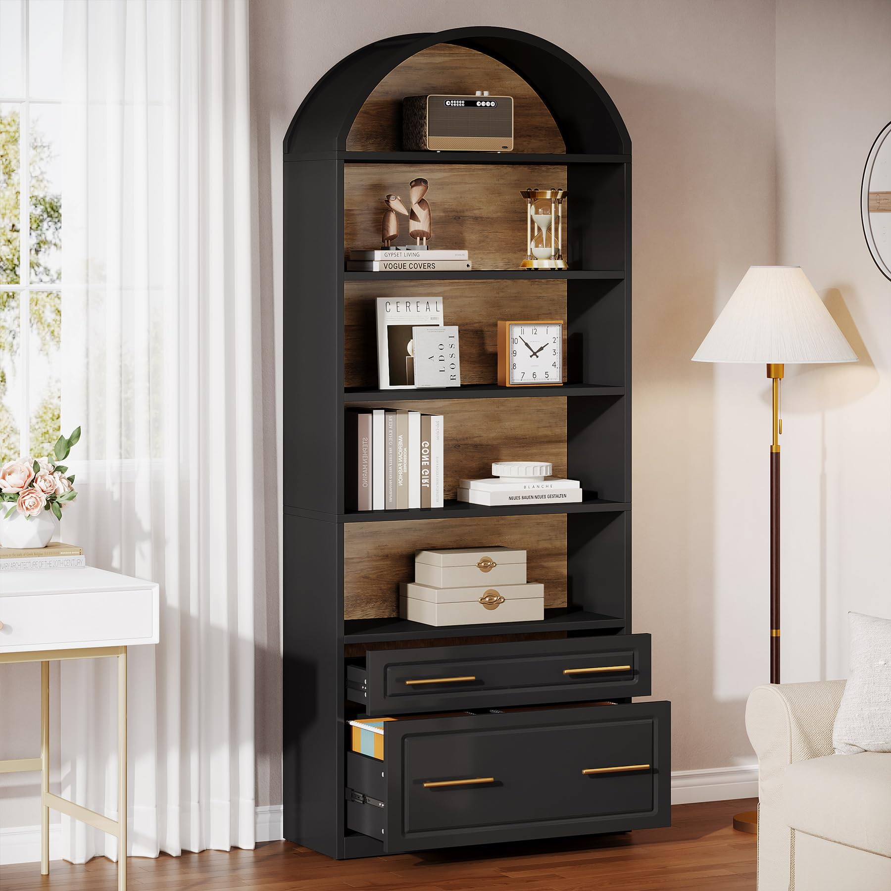 Tribesigns 76.8" Tall Arched Bookcase, 5-Tier Bookshelf with File Cabinet Drawer, Modern Freestanding Wooden Bookshelves, Large Open Display Storage Shelves for Home Office, Living Room - Image 4