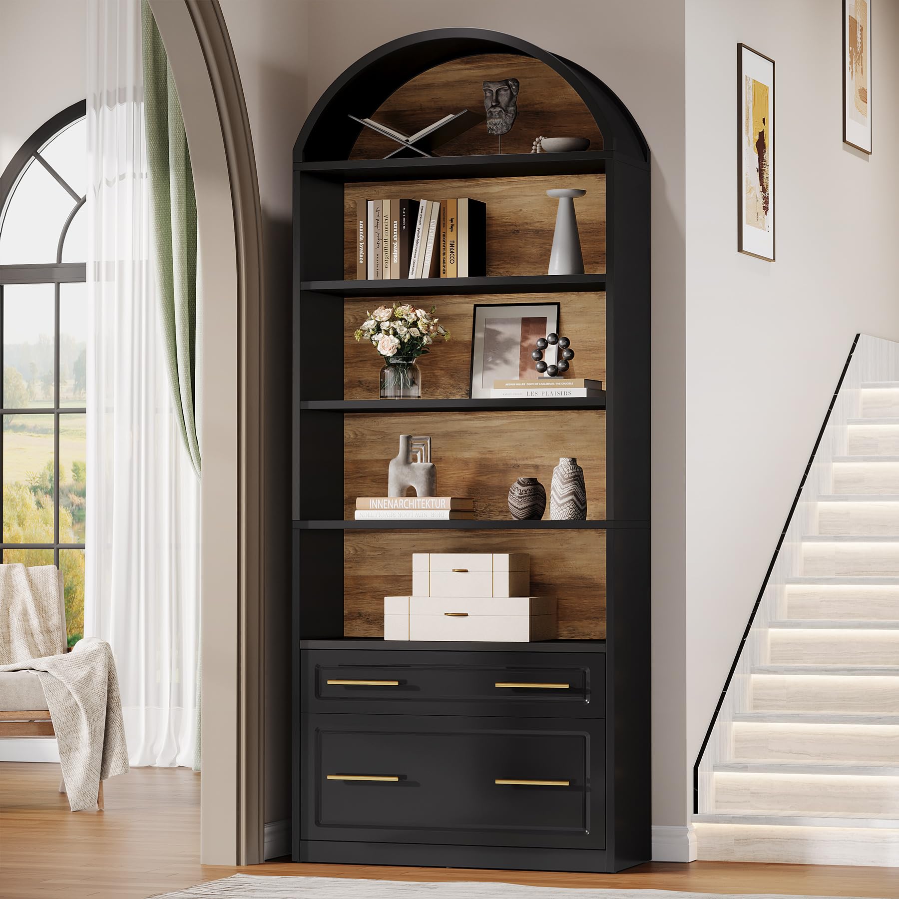 Tribesigns 76.8" Tall Arched Bookcase, 5-Tier Bookshelf with File Cabinet Drawer, Modern Freestanding Wooden Bookshelves, Large Open Display Storage Shelves for Home Office, Living Room - Image 5