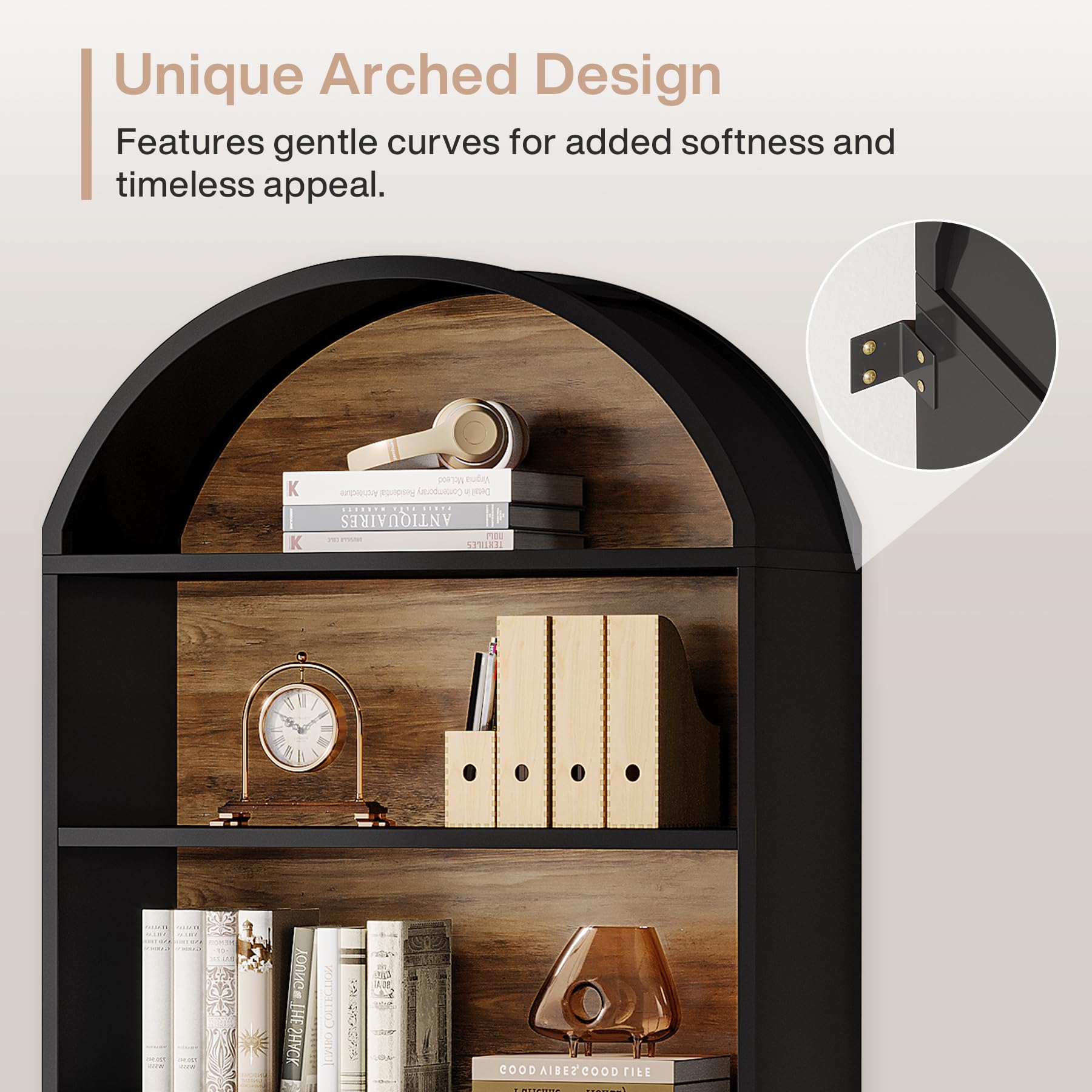 Tribesigns 76.8" Tall Arched Bookcase, 5-Tier Bookshelf with File Cabinet Drawer, Modern Freestanding Wooden Bookshelves, Large Open Display Storage Shelves for Home Office, Living Room - Image 6