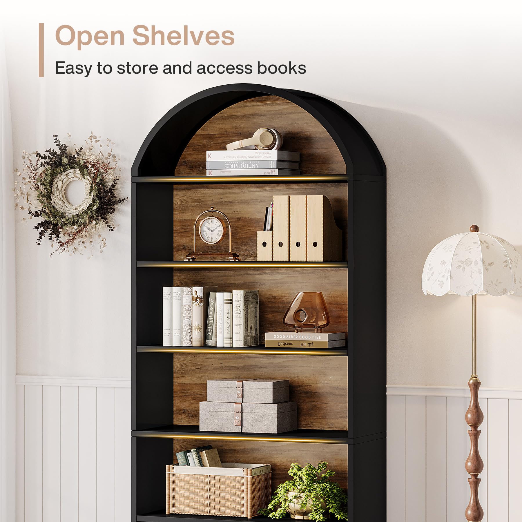 Tribesigns 76.8" Tall Arched Bookcase, 5-Tier Bookshelf with File Cabinet Drawer, Modern Freestanding Wooden Bookshelves, Large Open Display Storage Shelves for Home Office, Living Room - Image 7