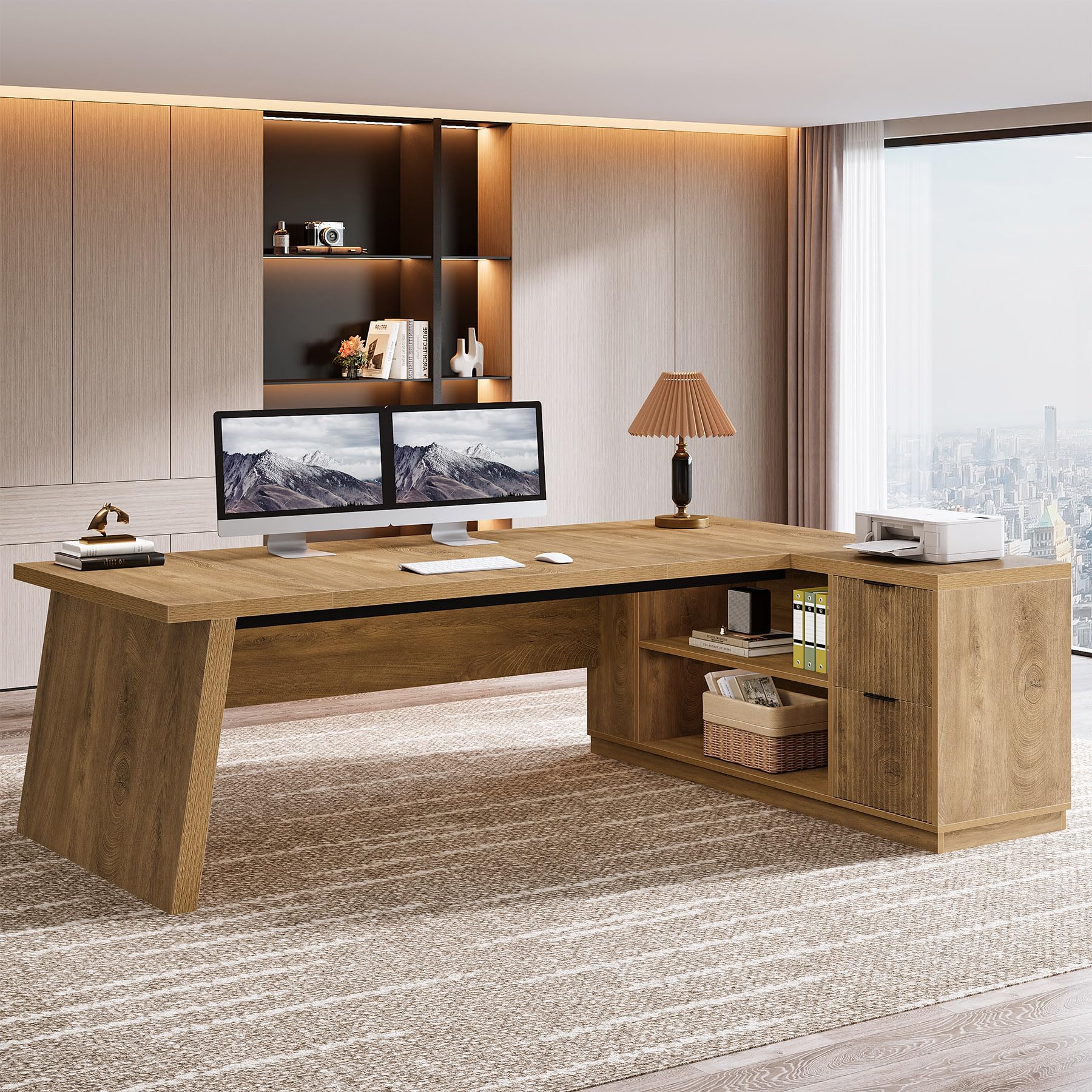 Tribesigns 78" L Shaped Desk with Drawers, Large Executive Office Desk with File Cabinet and Shelves, Modern Corner Computer Table Business Furniture for Home Office, Brown - Image 3