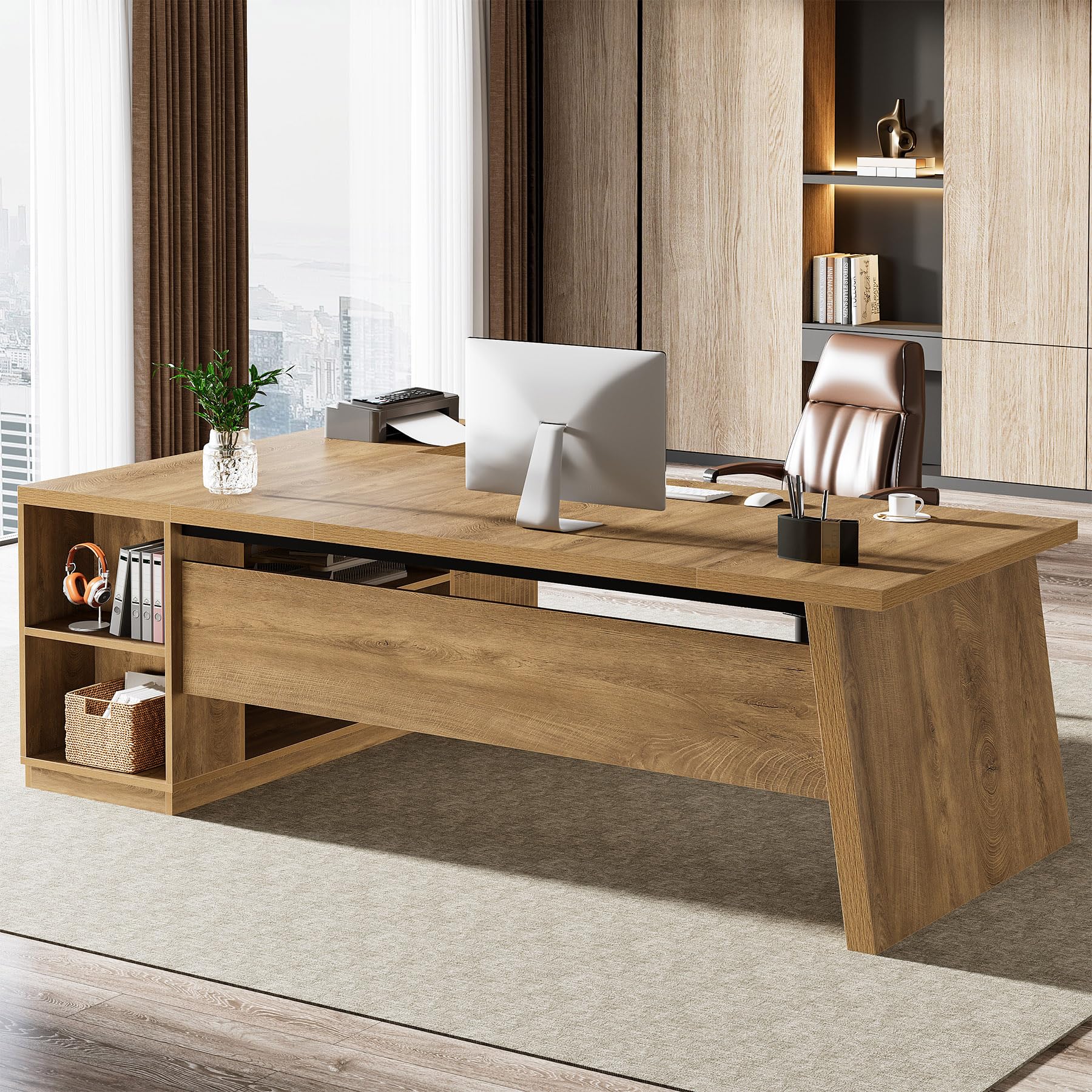 Tribesigns 78" L Shaped Desk with Drawers, Large Executive Office Desk with File Cabinet and Shelves, Modern Corner Computer Table Business Furniture for Home Office, Brown - Image 4