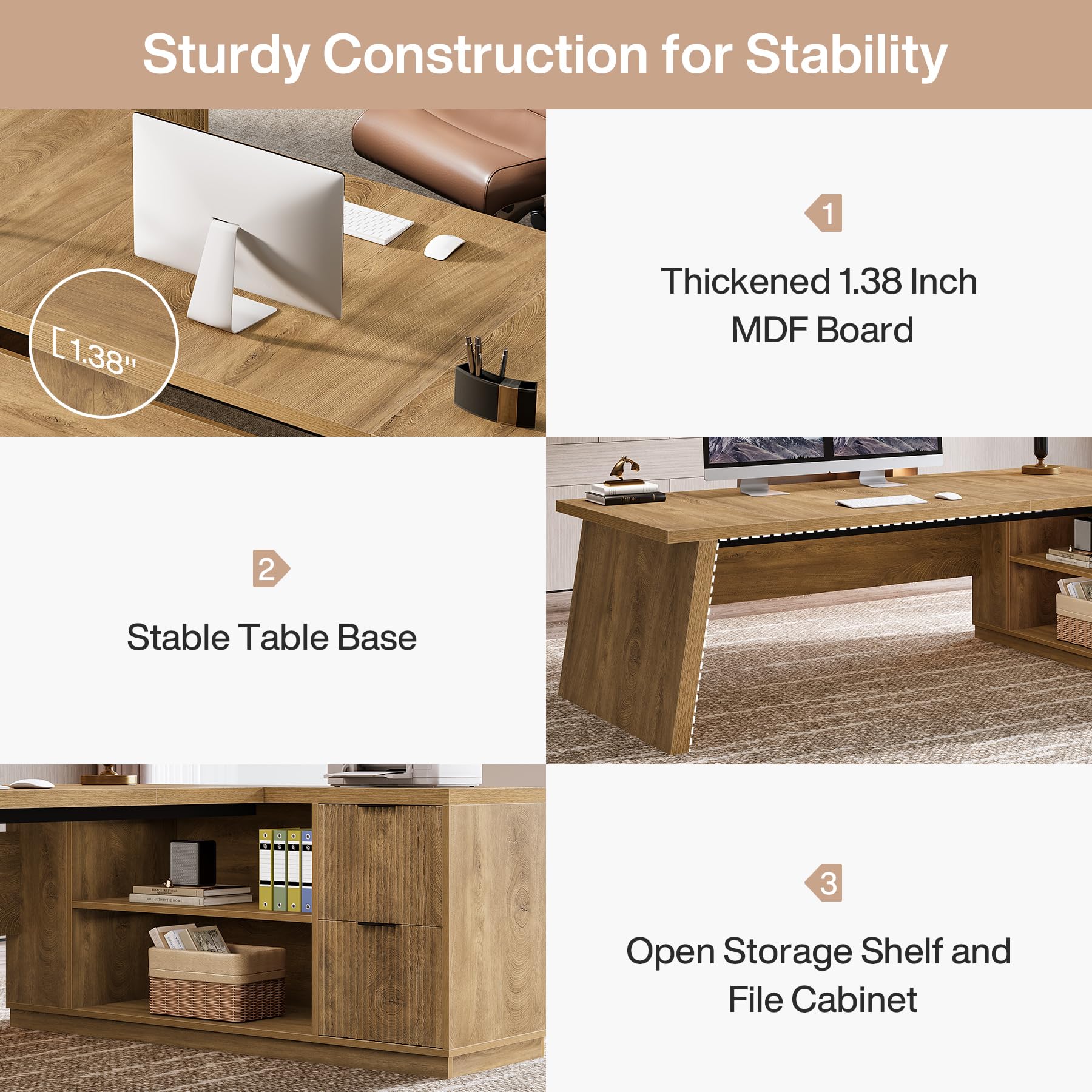 Tribesigns 78" L Shaped Desk with Drawers, Large Executive Office Desk with File Cabinet and Shelves, Modern Corner Computer Table Business Furniture for Home Office, Brown - Image 5