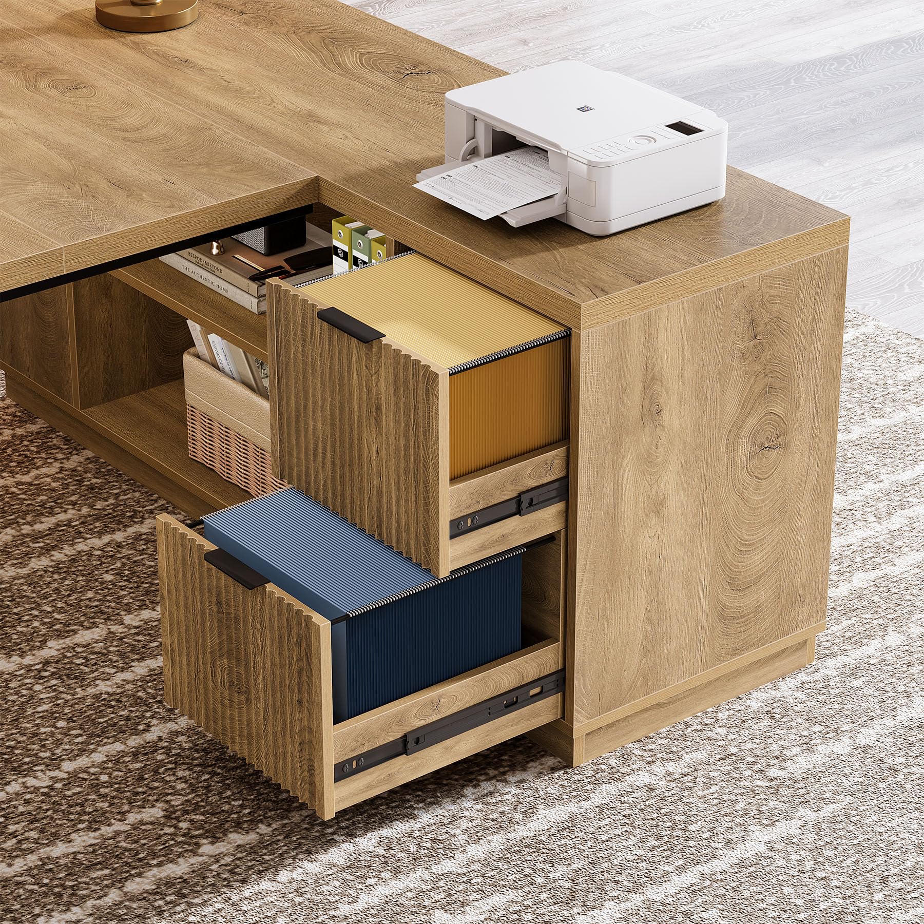 Tribesigns 78" L Shaped Desk with Drawers, Large Executive Office Desk with File Cabinet and Shelves, Modern Corner Computer Table Business Furniture for Home Office, Brown - Image 6