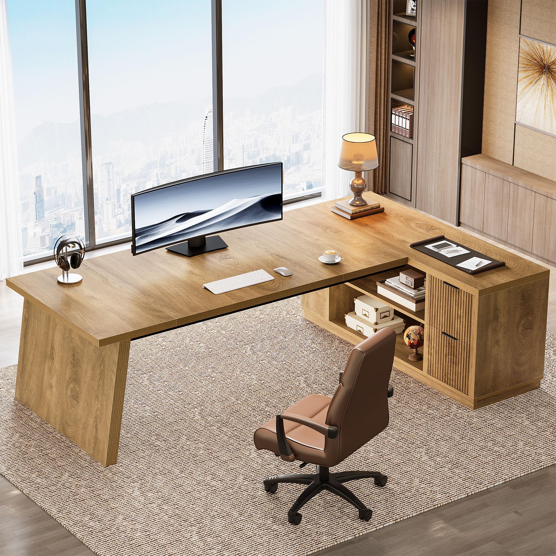 Tribesigns 78" L Shaped Desk with Drawers, Large Executive Office Desk with File Cabinet and Shelves, Modern Corner Computer Table Business Furniture for Home Office, Brown - Image 8