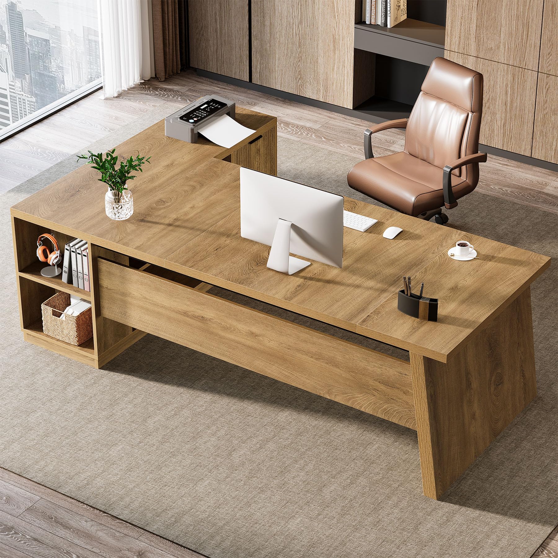 Tribesigns 78" L Shaped Desk with Drawers, Large Executive Office Desk with File Cabinet and Shelves, Modern Corner Computer Table Business Furniture for Home Office, Brown - Image 9