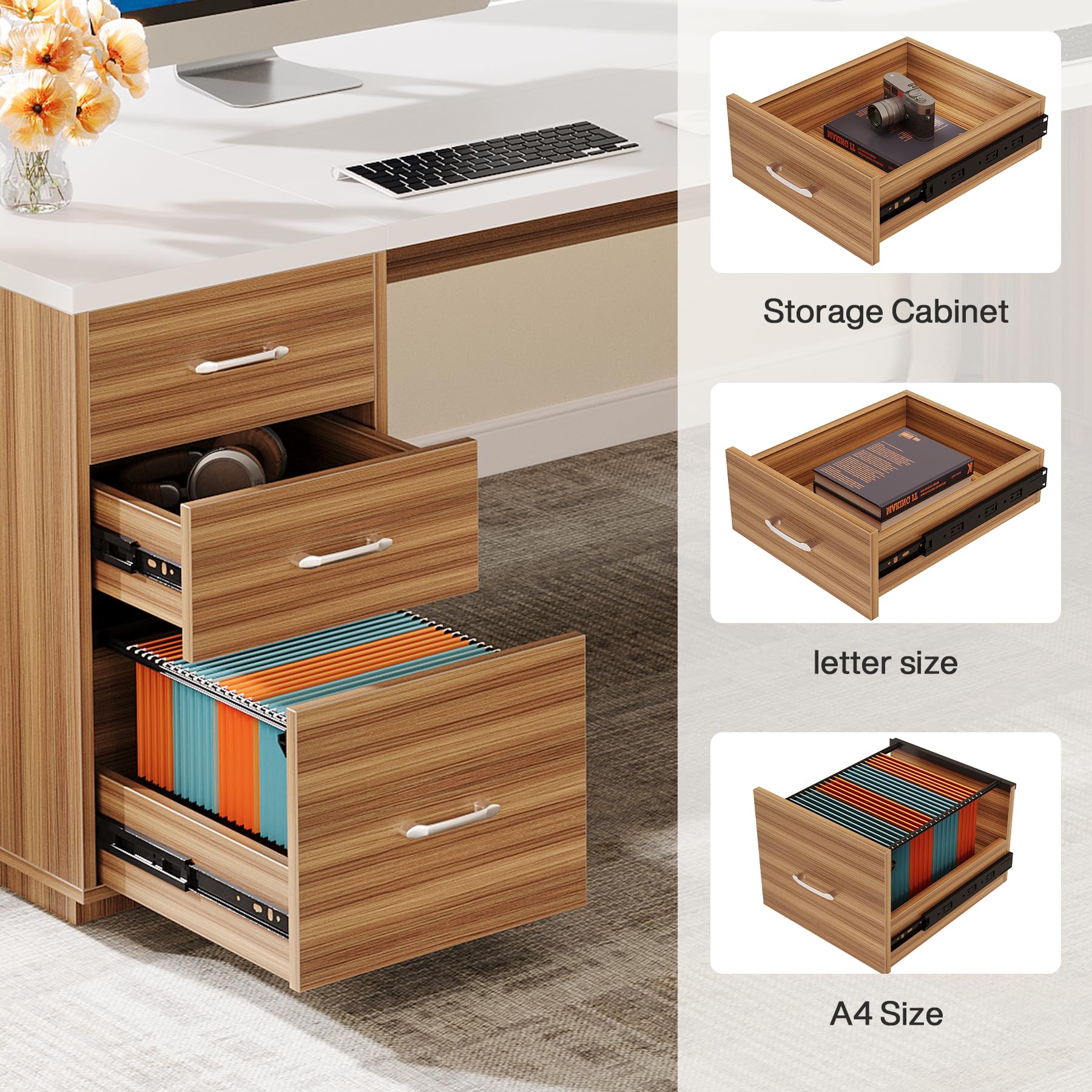 Tribesigns 85.8-Inch L-Shaped Executive Desk, Extra Large Modern Office Desk with File Drawers, Door Cabinet & Shelves, Commercial Office Table, Home Business Workstation, White & Brown - Image 4