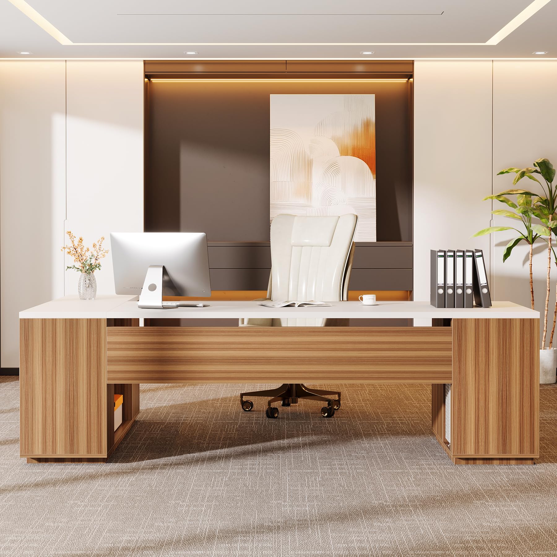 Tribesigns 85.8-Inch L-Shaped Executive Desk, Extra Large Modern Office Desk with File Drawers, Door Cabinet & Shelves, Commercial Office Table, Home Business Workstation, White & Brown - Image 5