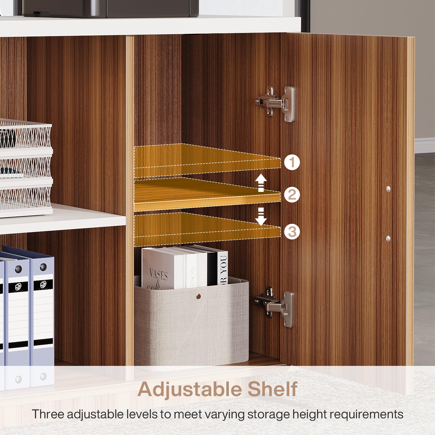 Tribesigns 85.8-Inch L-Shaped Executive Desk, Extra Large Modern Office Desk with File Drawers, Door Cabinet & Shelves, Commercial Office Table, Home Business Workstation, White & Brown - Image 6