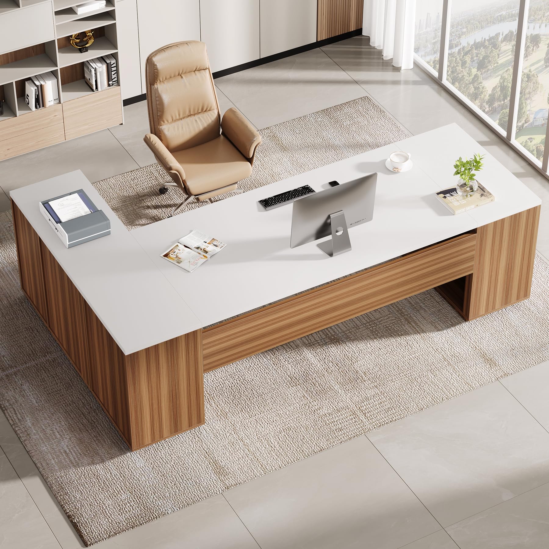 Tribesigns 85.8-Inch L-Shaped Executive Desk, Extra Large Modern Office Desk with File Drawers, Door Cabinet & Shelves, Commercial Office Table, Home Business Workstation, White & Brown - Image 8