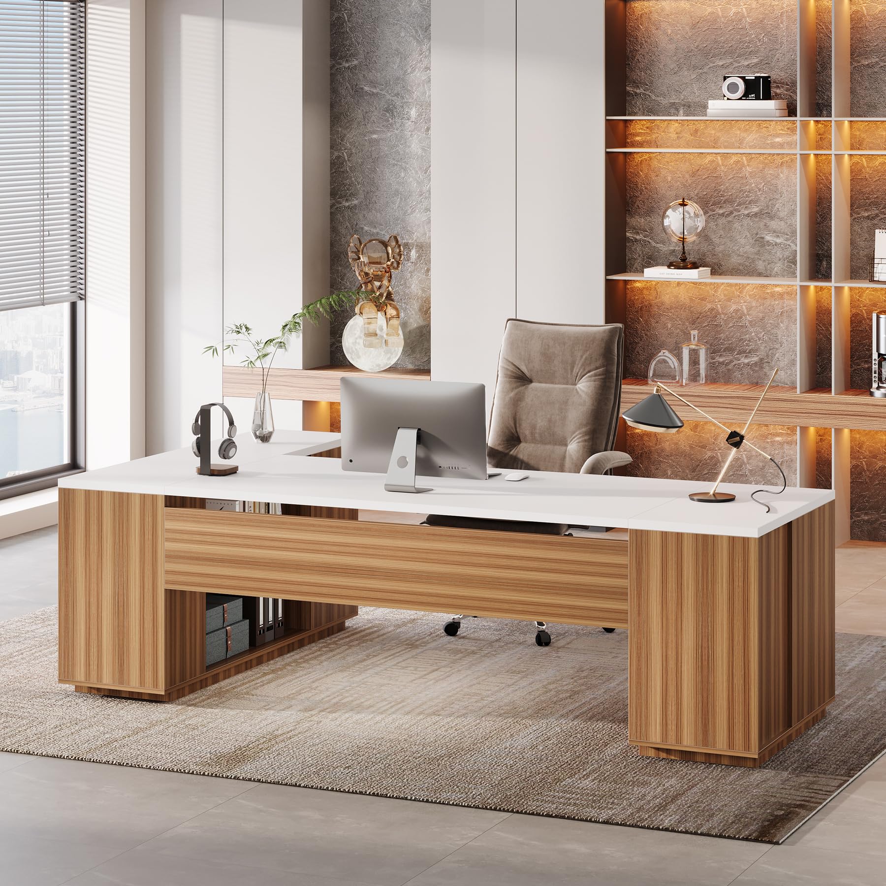 Tribesigns 85.8-Inch L-Shaped Executive Desk, Extra Large Modern Office Desk with File Drawers, Door Cabinet & Shelves, Commercial Office Table, Home Business Workstation, White & Brown - Image 9