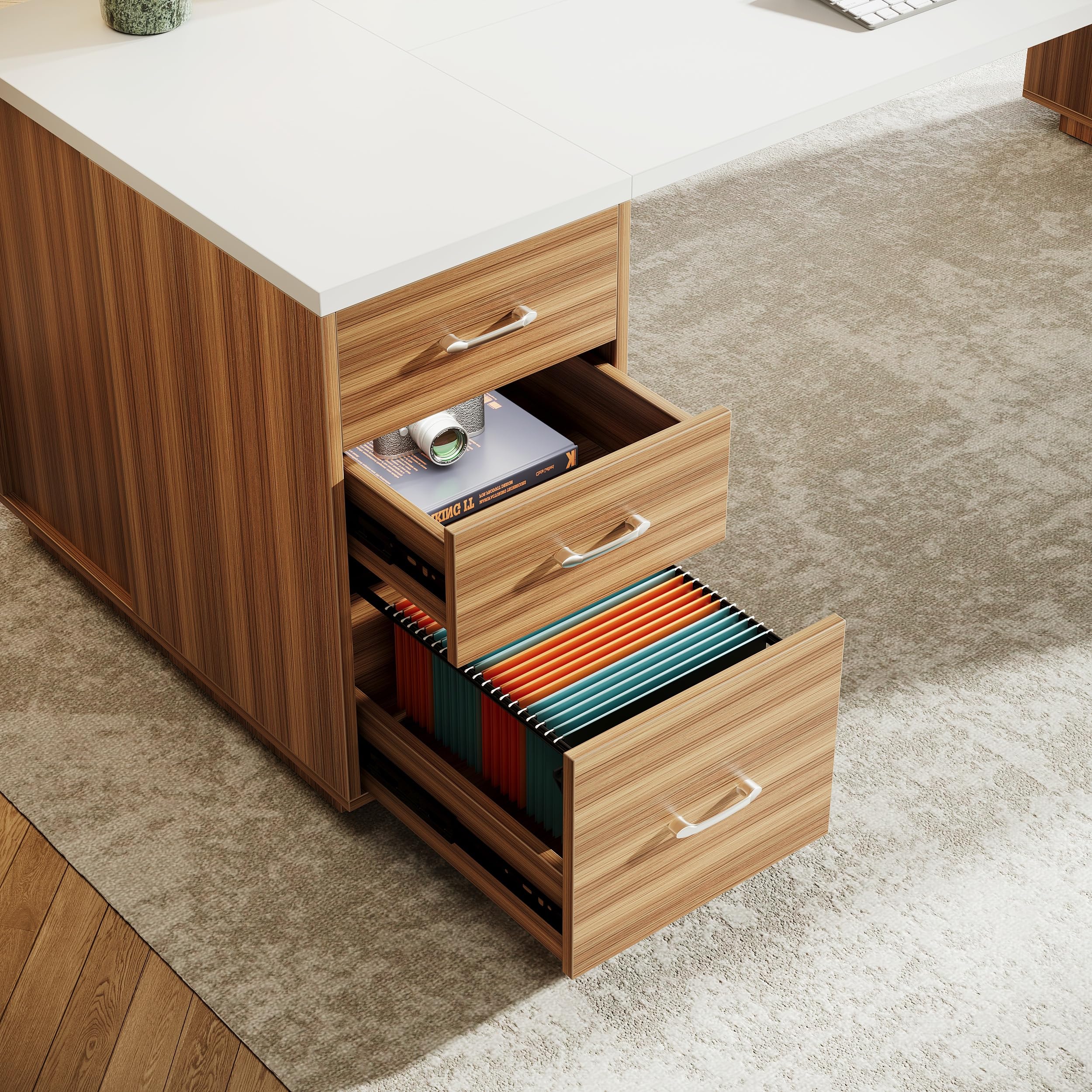 Tribesigns 85.8-Inch L-Shaped Executive Office Desk with File Drawers & Storage Cabinet, Professional Corner Computer Desk Extra Large Business Workstation with Adjustable Shelves (White&Walnut) - Image 3