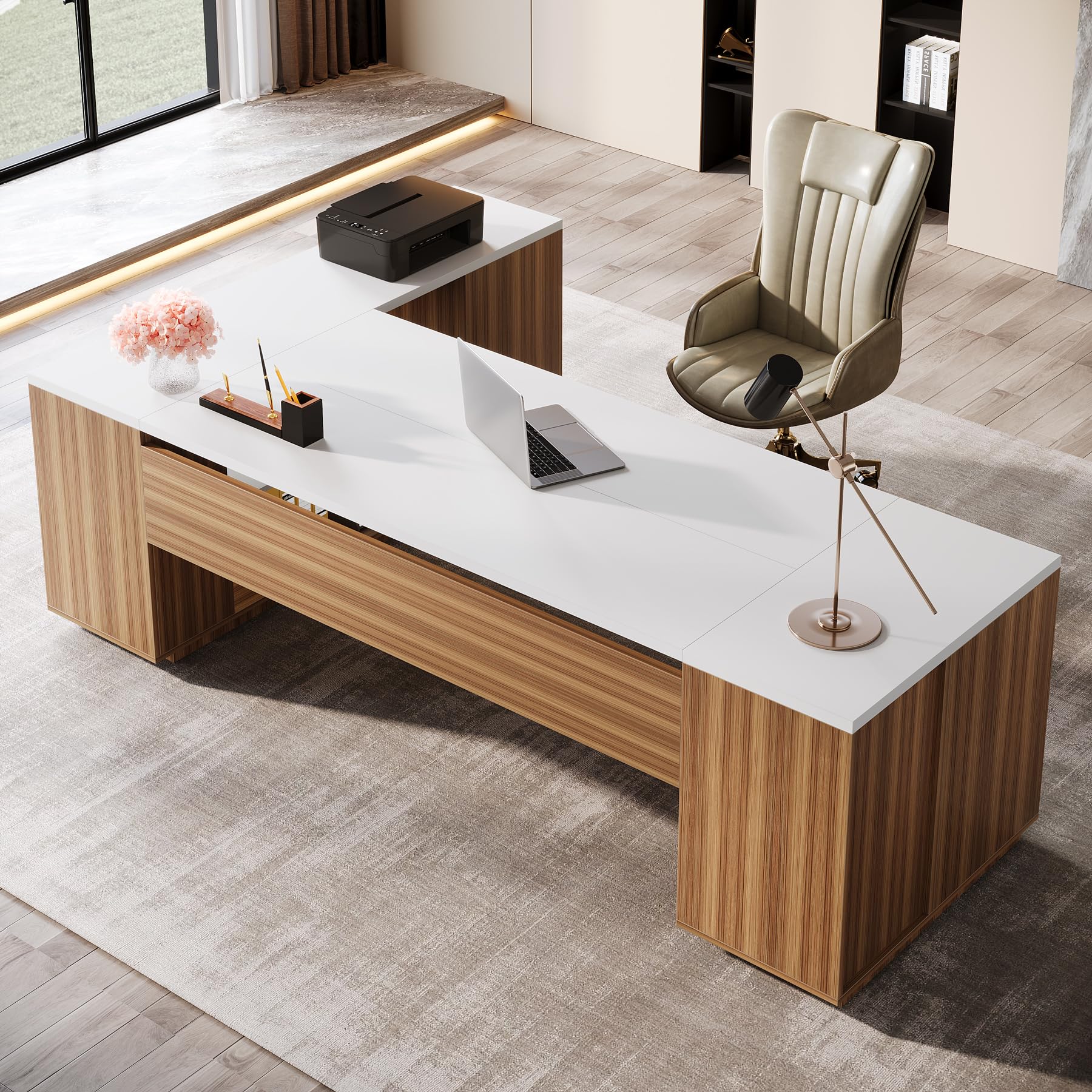 Tribesigns 85.8-Inch L-Shaped Executive Office Desk with File Drawers & Storage Cabinet, Professional Corner Computer Desk Extra Large Business Workstation with Adjustable Shelves (White&Walnut) - Image 6