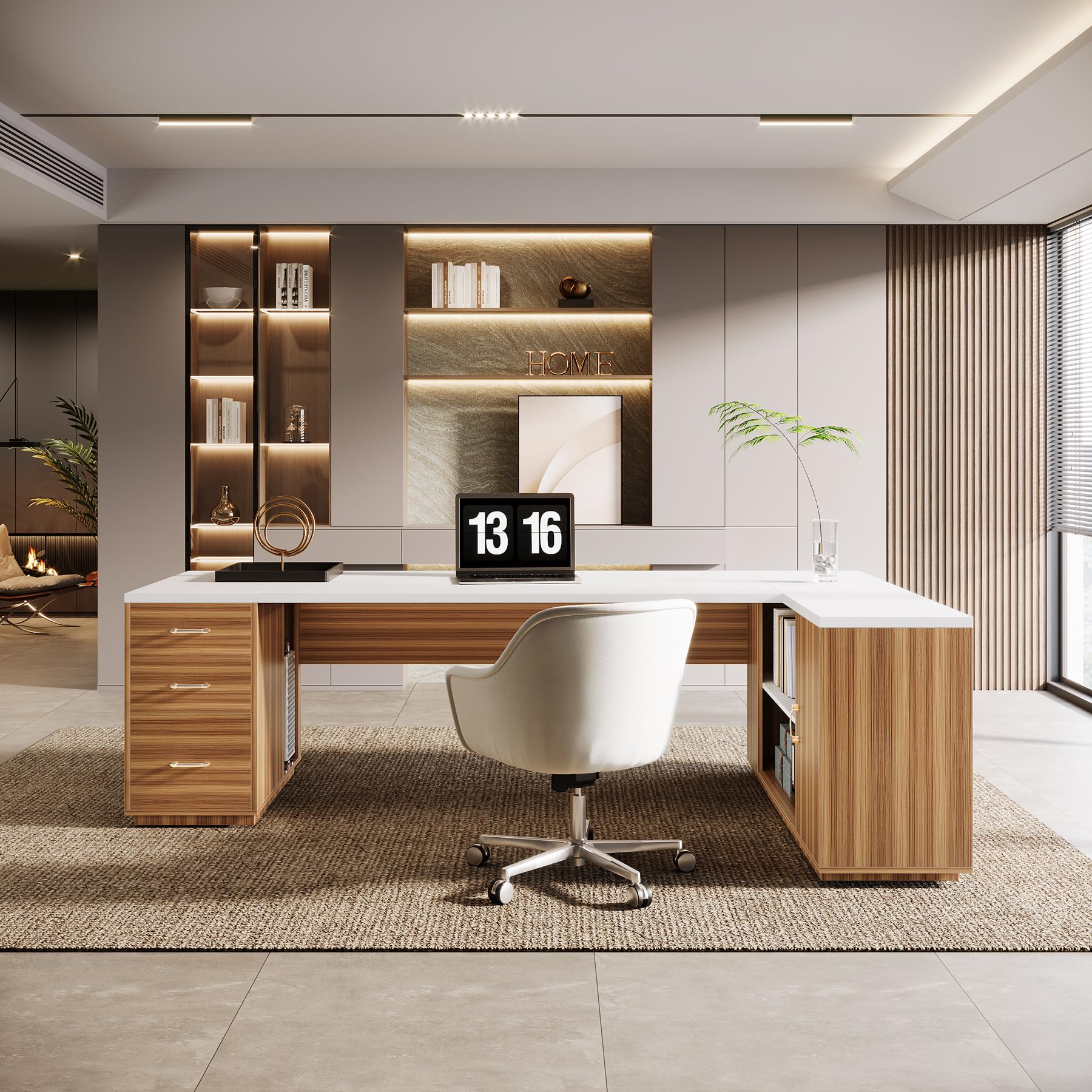 Tribesigns 85.8-Inch L-Shaped Executive Office Desk with File Drawers & Storage Cabinet, Professional Corner Computer Desk Extra Large Business Workstation with Adjustable Shelves (White&Walnut) - Image 7