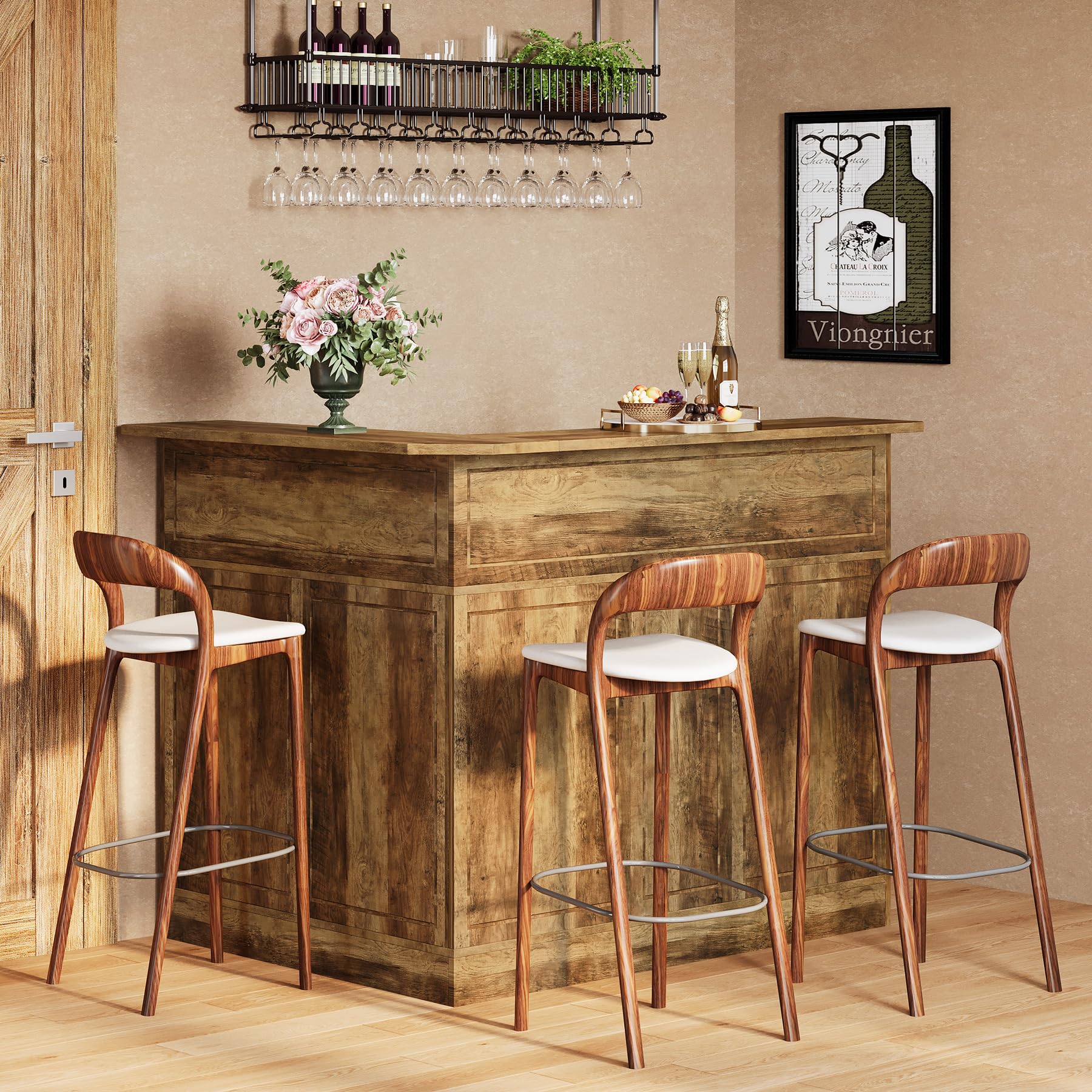 Tribesigns Bar Cabinet, L-Shaped Home Bar Table with Stemware Racks, 4-Tier Corner Bar Unit Liquor Wine Bar Table Reception Desk for Home Pub, Rustic Brown - Image 3
