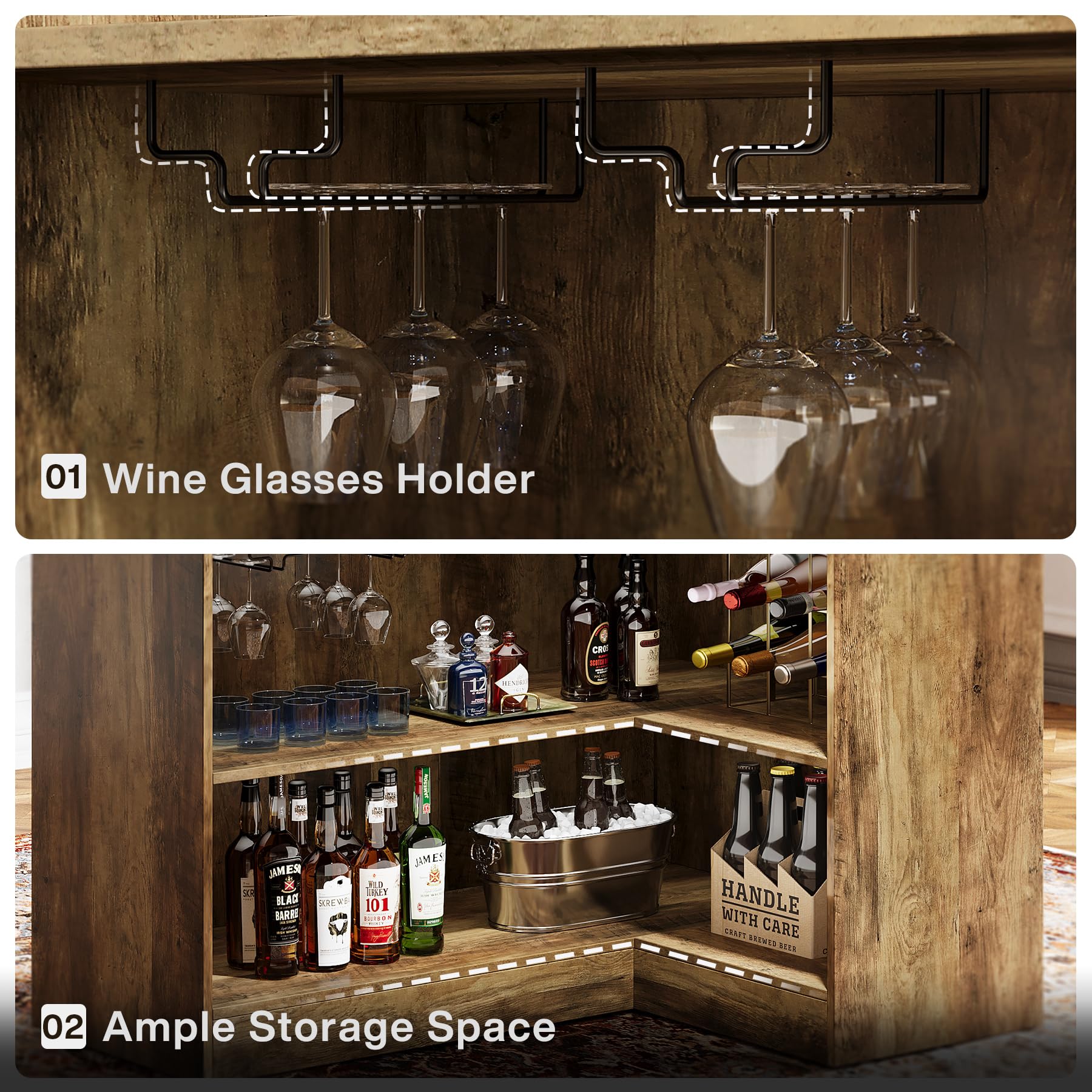 Tribesigns Bar Cabinet, L-Shaped Home Bar Table with Stemware Racks, 4-Tier Corner Bar Unit Liquor Wine Bar Table Reception Desk for Home Pub, Rustic Brown - Image 5