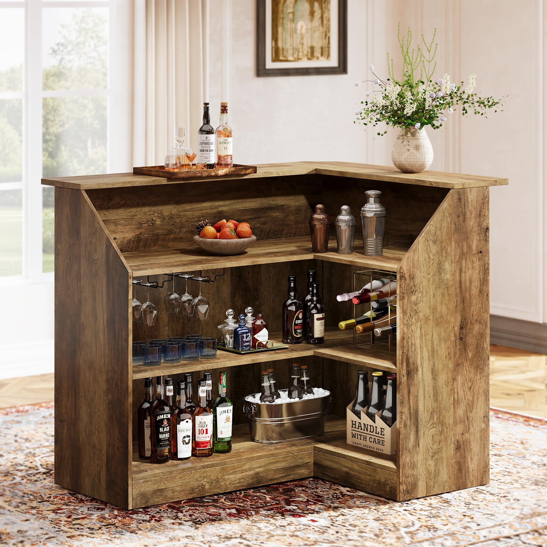 Tribesigns Bar Cabinet, L-Shaped Home Bar Table with Stemware Racks, 4-Tier Corner Bar Unit Liquor Wine Bar Table Reception Desk for Home Pub, Rustic Brown - Image 8