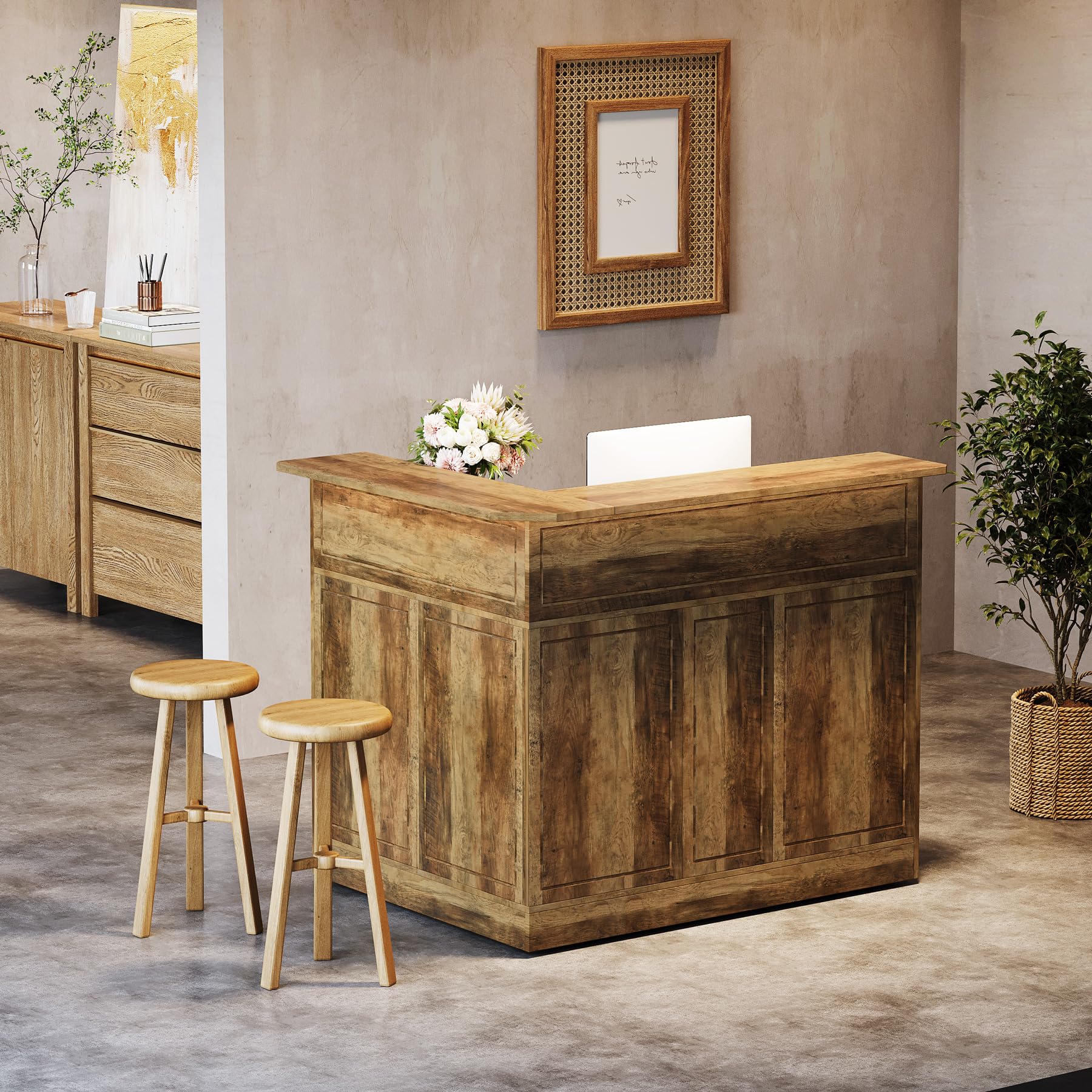 Tribesigns Bar Cabinet, L-Shaped Home Bar Table with Stemware Racks, 4-Tier Corner Bar Unit Liquor Wine Bar Table Reception Desk for Home Pub, Rustic Brown - Image 9