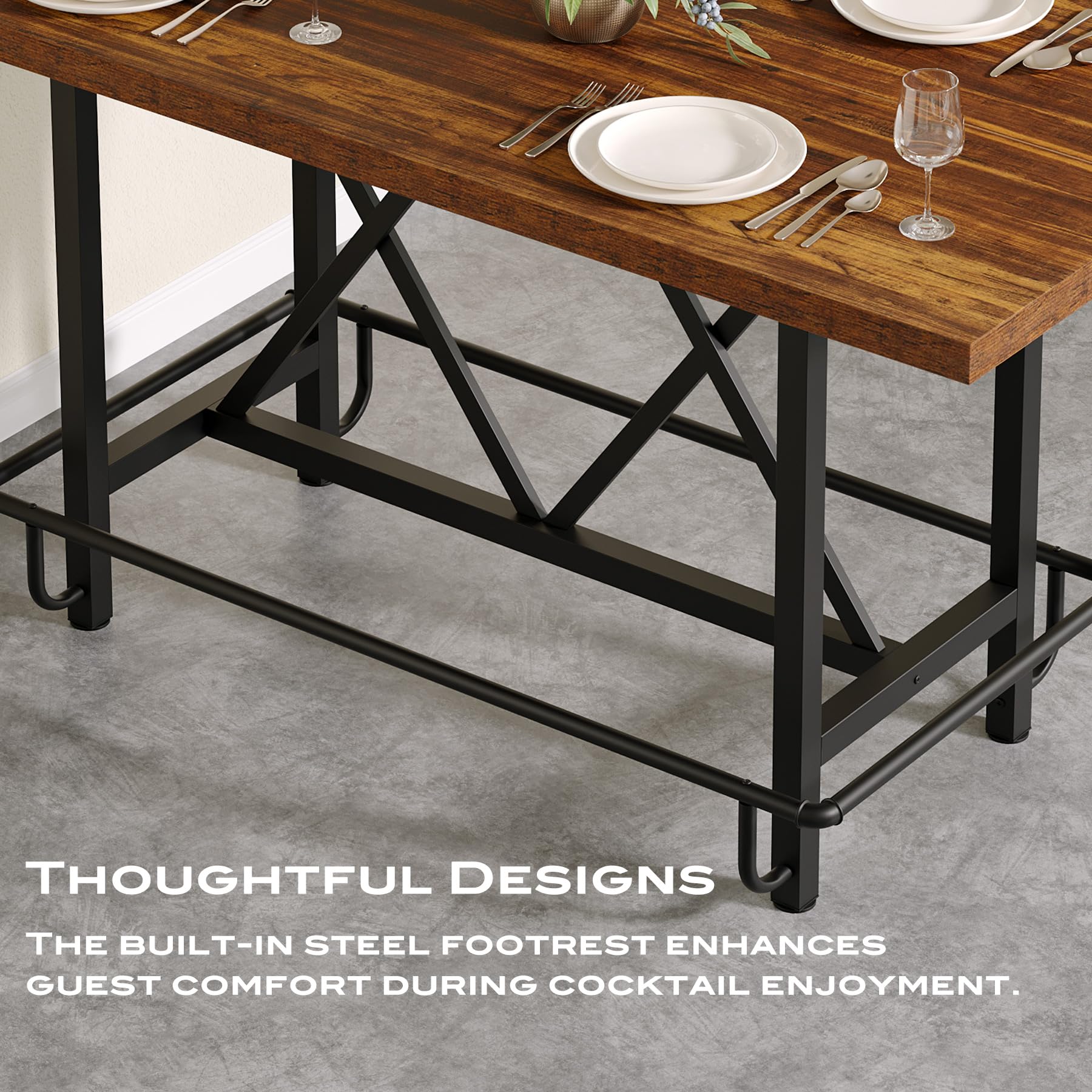 Tribesigns Bar Table, Industrial Counter Height Pub Table with Metal Footrest, 63-Inch Rectangle Wood Kitchen Dining Table with Sturdy Metal Frame for Dining Room, Home Bar (Brown) - Image 7