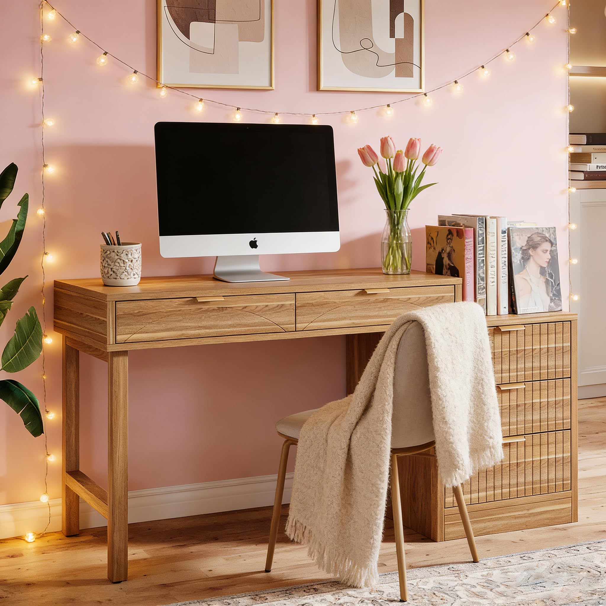 Tribesigns Computer Desk with 5 Drawers, Reversible Small Writing Desk with Storage, Modern Wooden Study Corner Table Workstation for Home Office, Small Spaces, Walnut Brown - Image 3