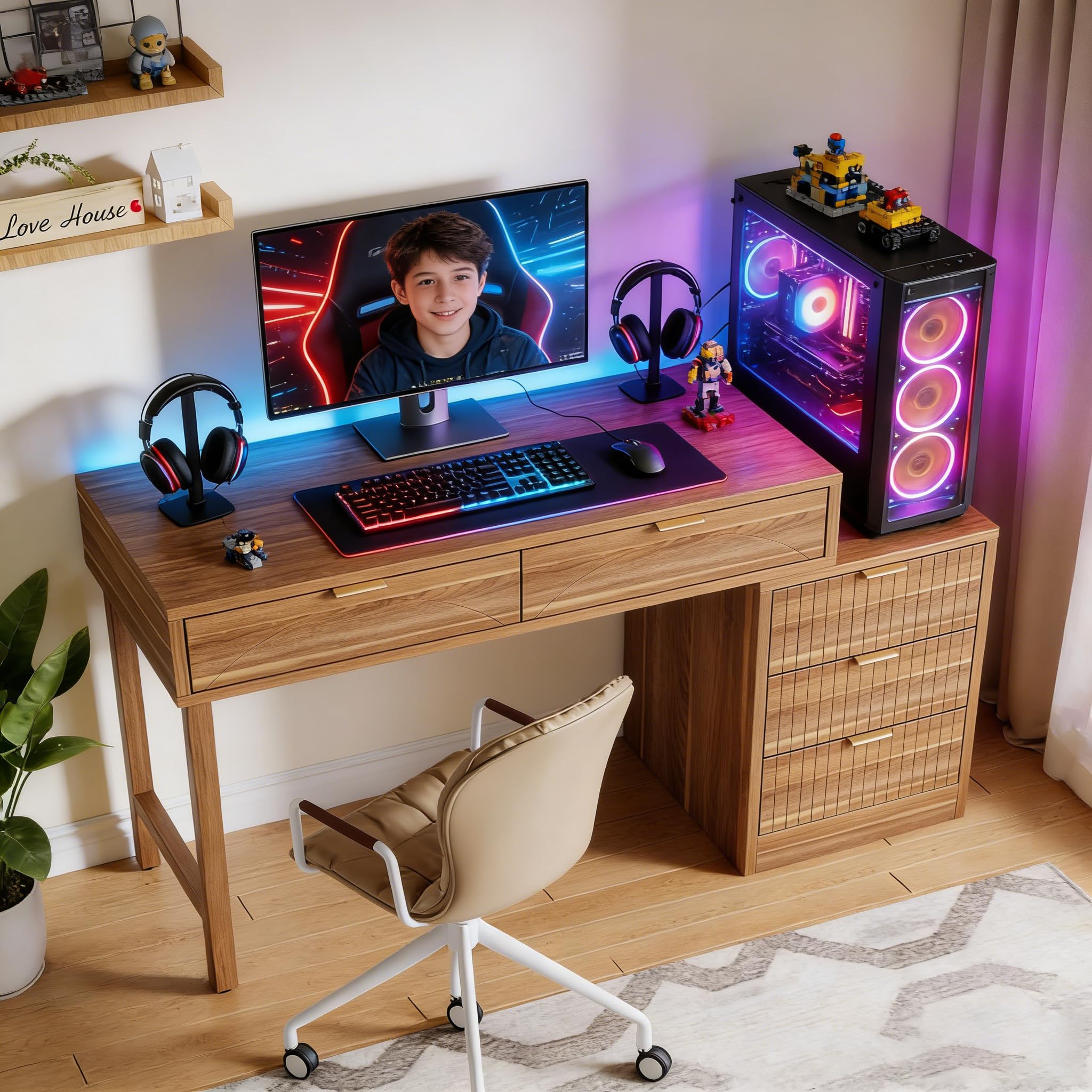 Tribesigns Computer Desk with 5 Drawers, Reversible Small Writing Desk with Storage, Modern Wooden Study Corner Table Workstation for Home Office, Small Spaces, Walnut Brown - Image 4