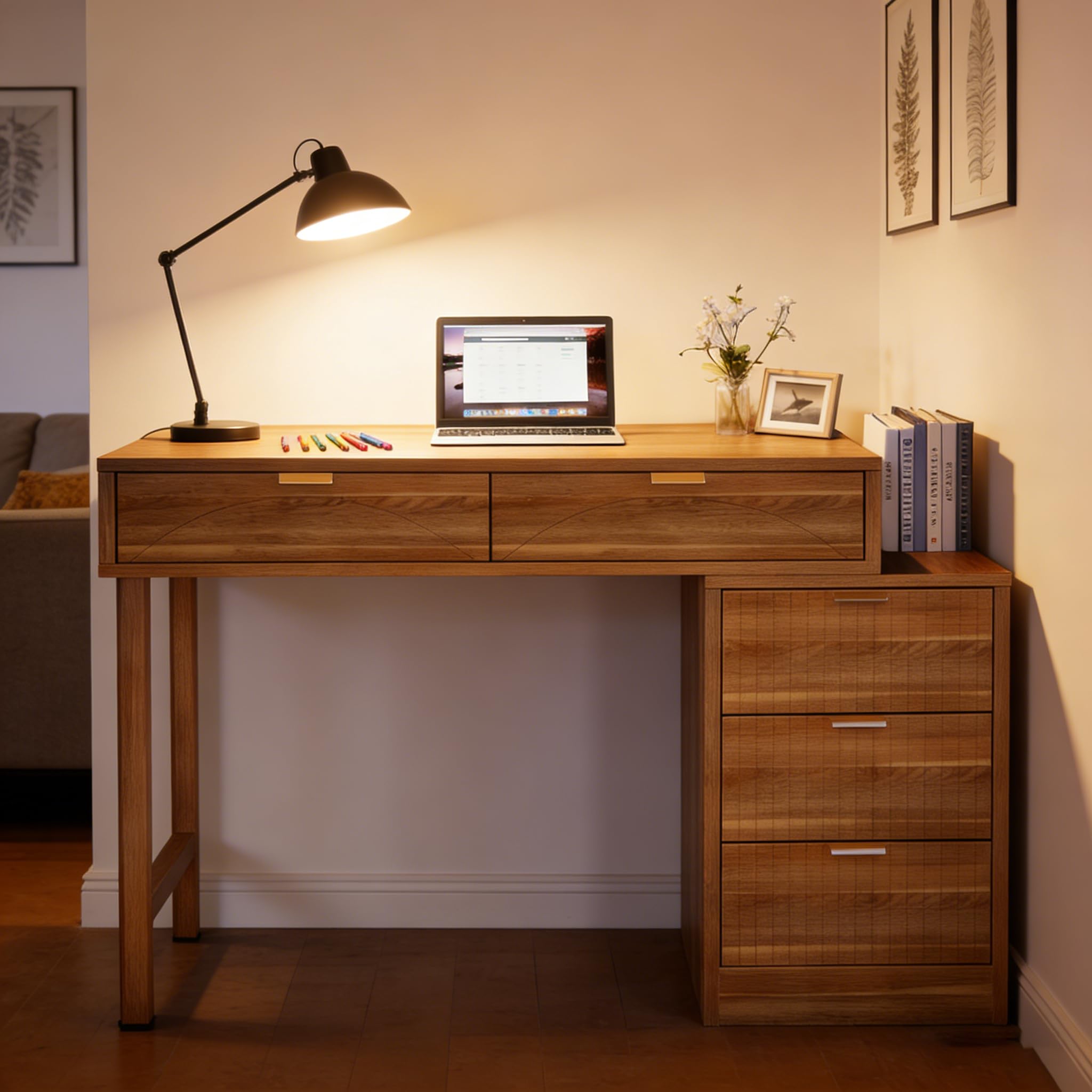 Tribesigns Computer Desk with 5 Drawers, Reversible Small Writing Desk with Storage, Modern Wooden Study Corner Table Workstation for Home Office, Small Spaces, Walnut Brown - Image 5