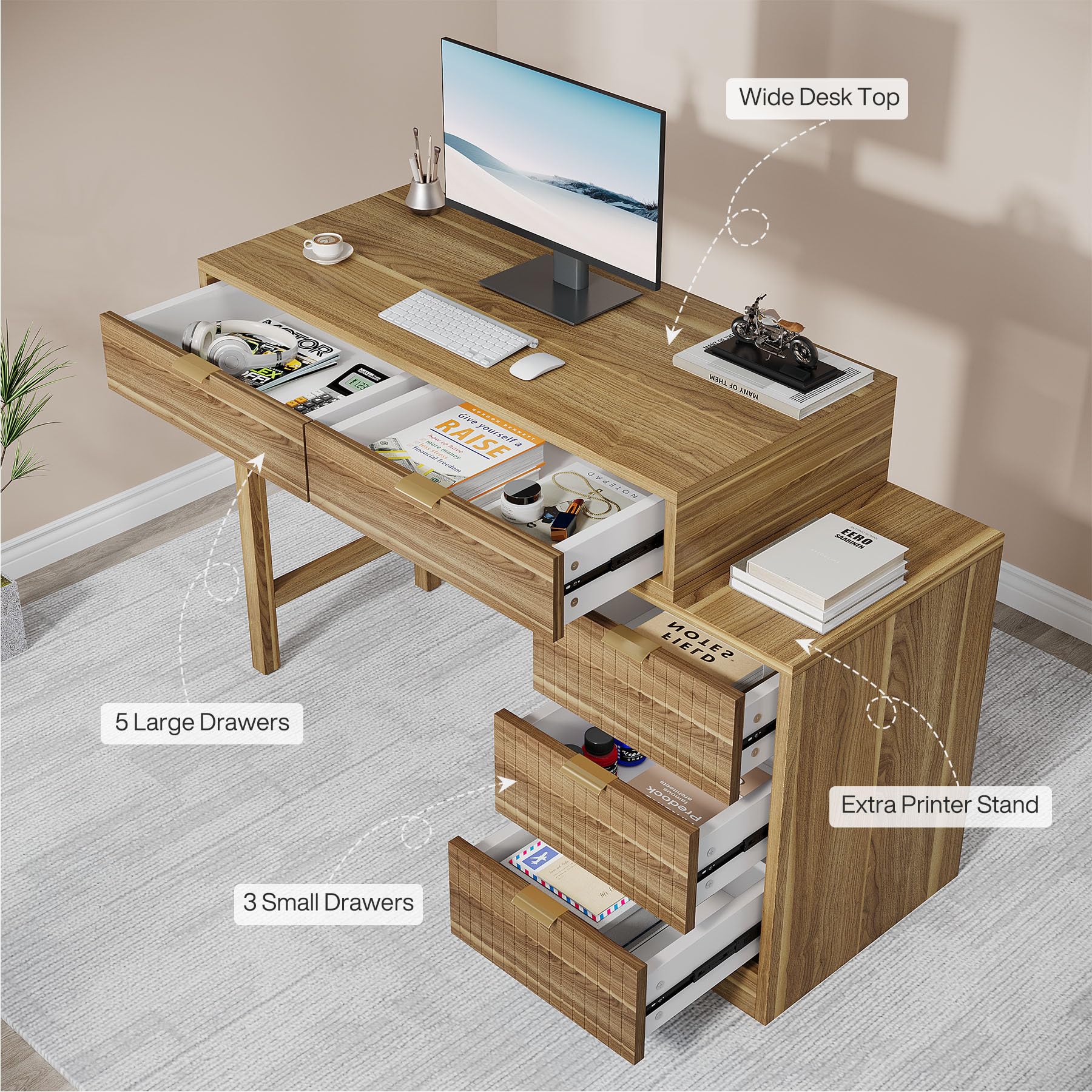 Tribesigns Computer Desk with 5 Drawers, Reversible Small Writing Desk with Storage, Modern Wooden Study Corner Table Workstation for Home Office, Small Spaces, Walnut Brown - Image 8