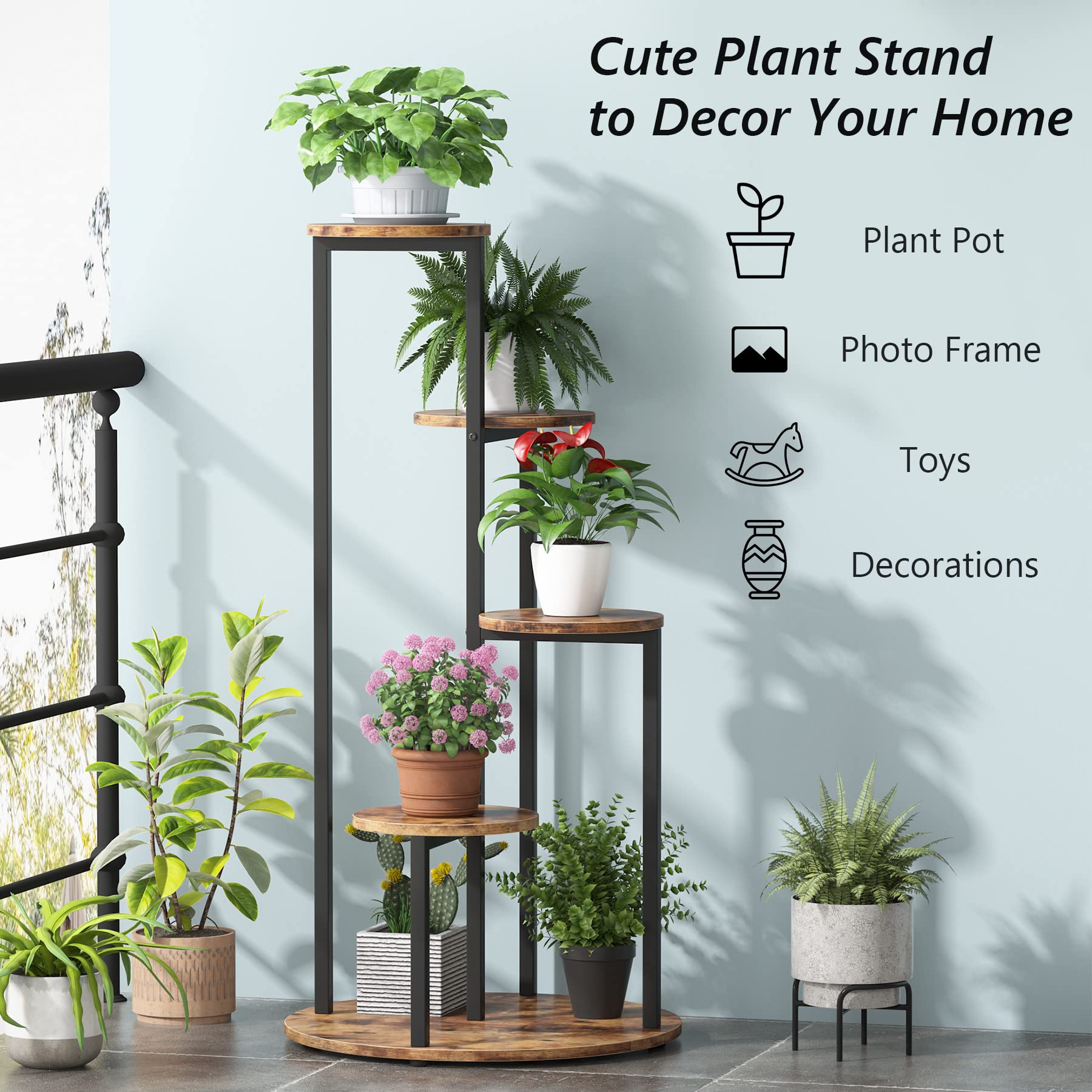 Tribesigns Corner Plant Stand Indoor, 4-Tier Tall Plant Shelf Holders for Multiple Potted Plants, Wood Flower Pot Stands with Metal Frame for Balcony Garden Patio, Easy Assembly (Rustic Brown) - Image 7