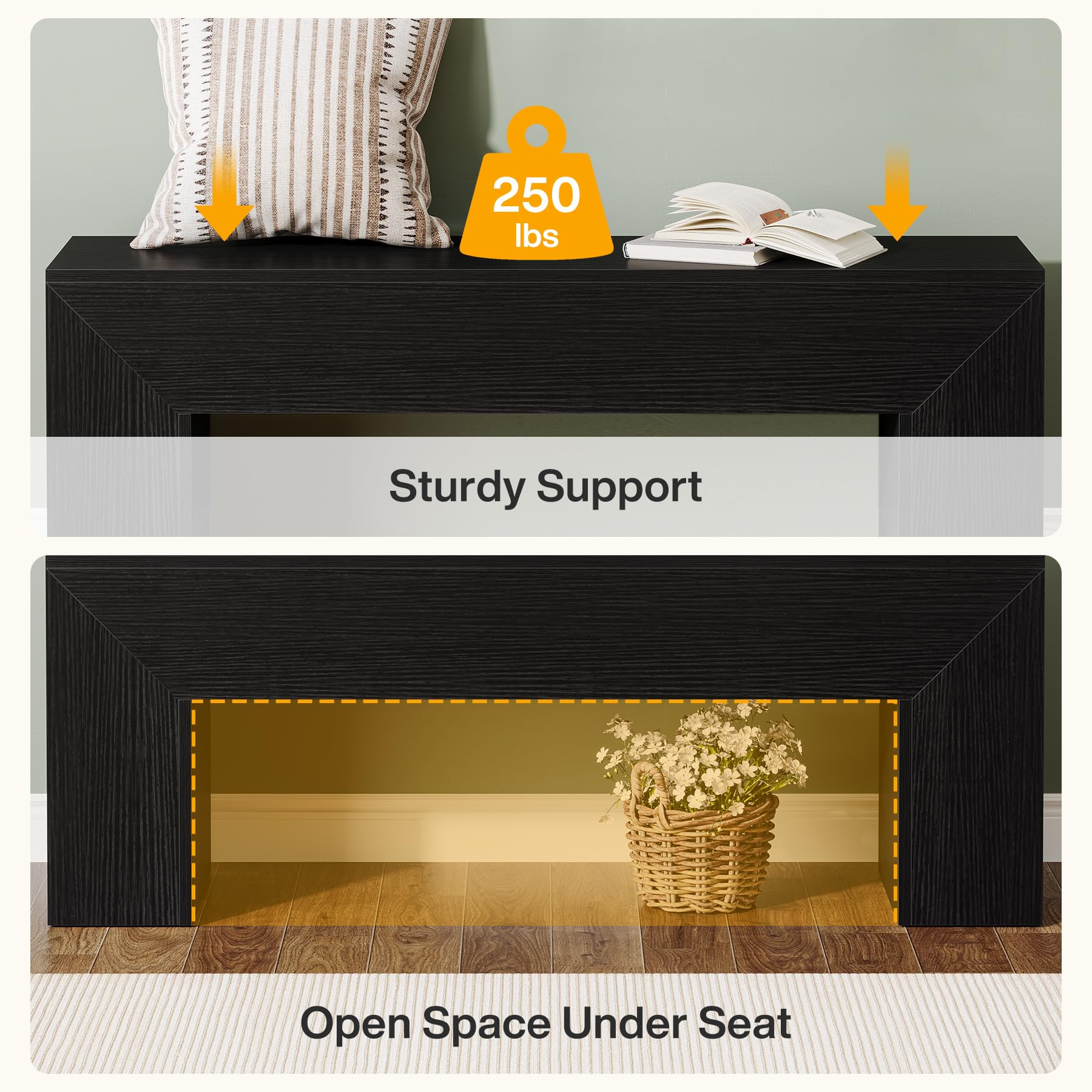 Tribesigns Dining Bench, Farmhouse Wooden Entryway Bench, Entry 47" Long Bench for Living Dining Room, Hallway and Bedroom, Easy Assembly, Black - Image 6