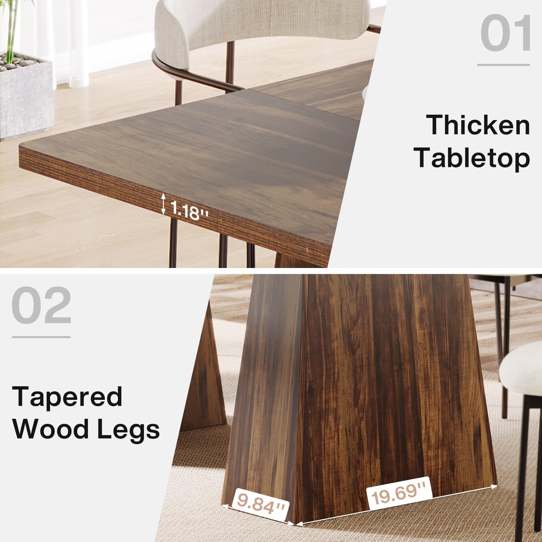 Tribesigns Dining Table for 6, Farmhouse Rectangular, Rustic Brown, 63" L x 31.5" W x 30" H - Image 6