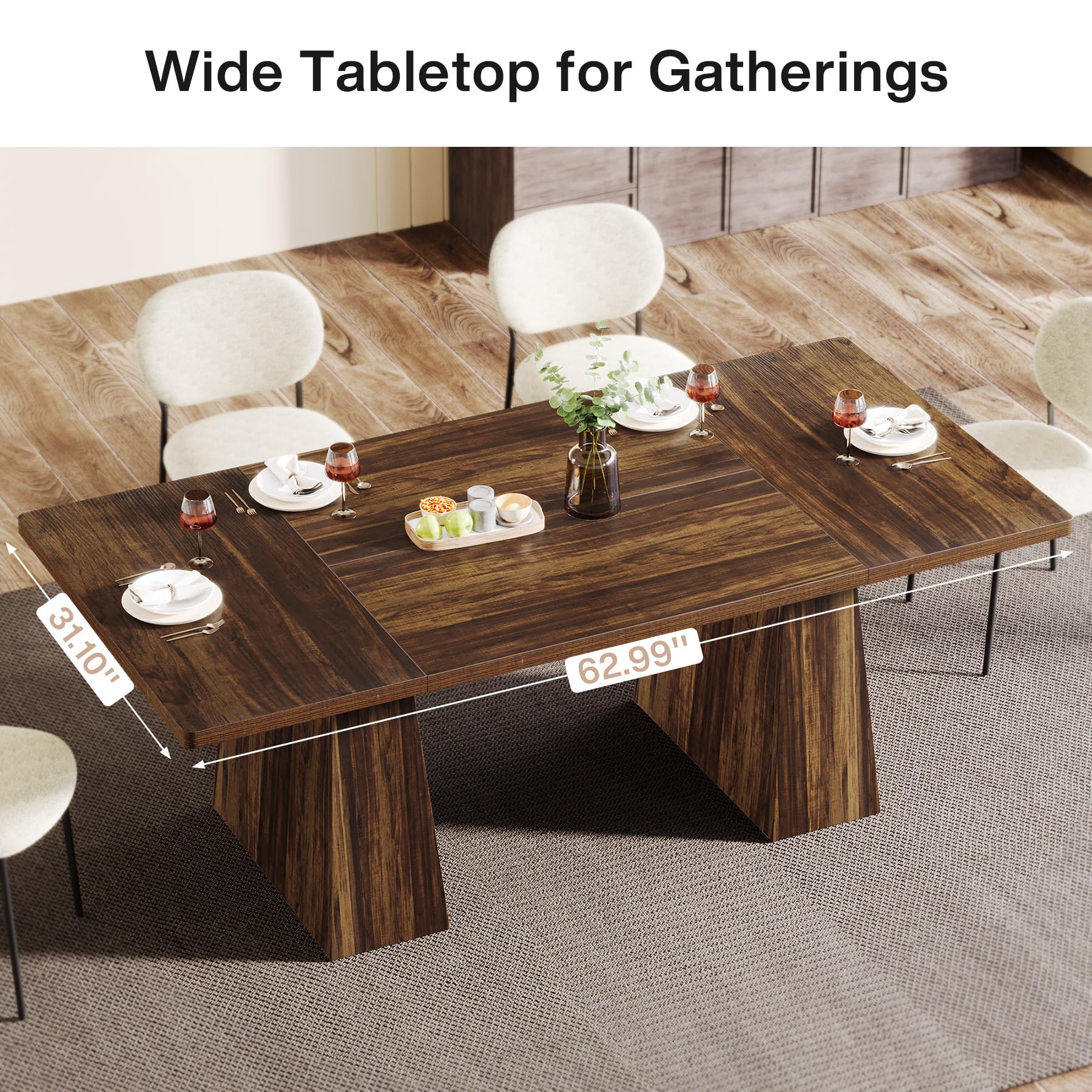 Tribesigns Dining Table for 6, Farmhouse Rectangular, Rustic Brown, 63" L x 31.5" W x 30" H - Image 7
