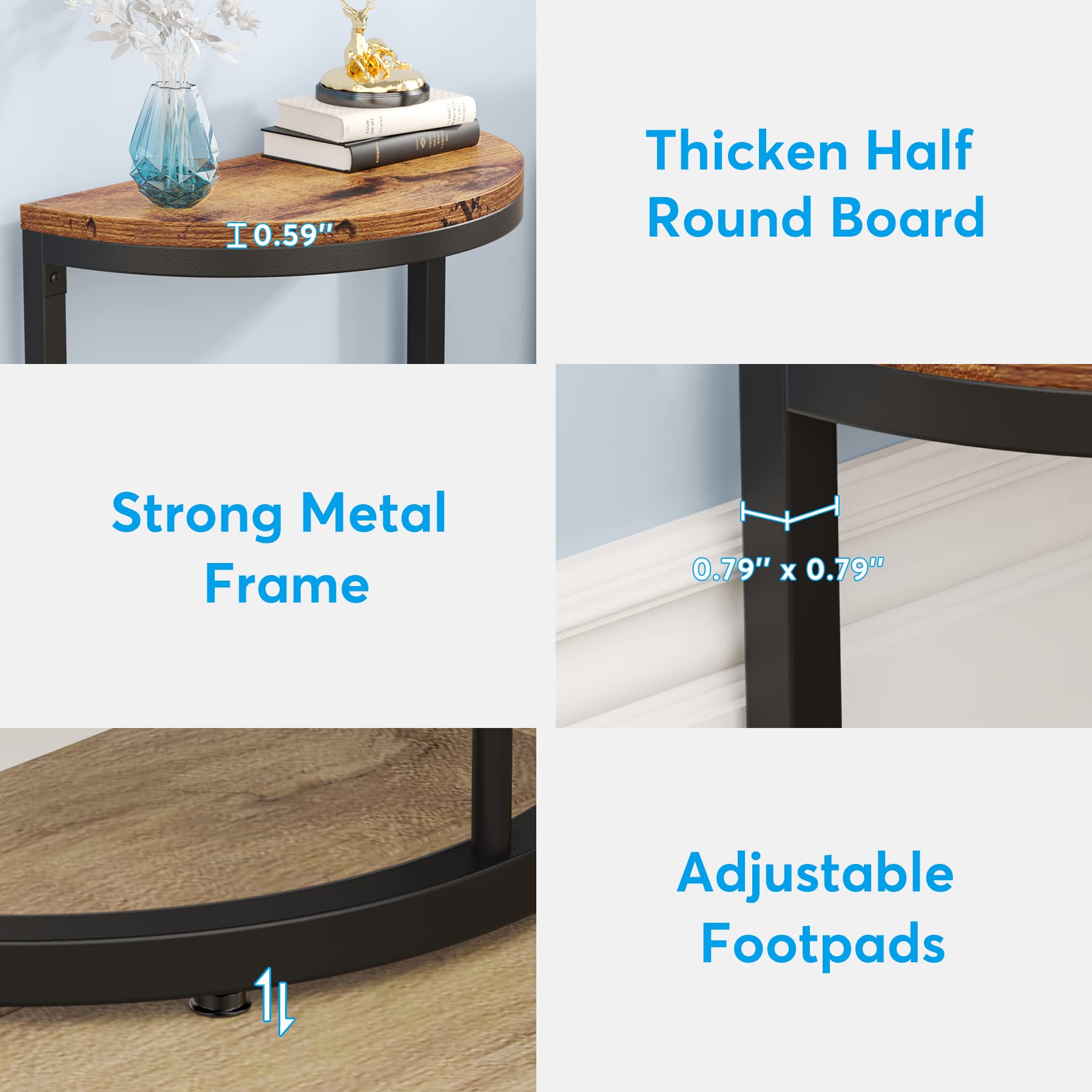 Tribesigns End Table Semi Circle, Small Half Round Side Table with Storage Shelf, Wood Accent Table Slim C Table for Sofa Couch, Living Room, Bedroom, Easy Assembly (Rustic Brown & Black, 2-Tier) - Image 6