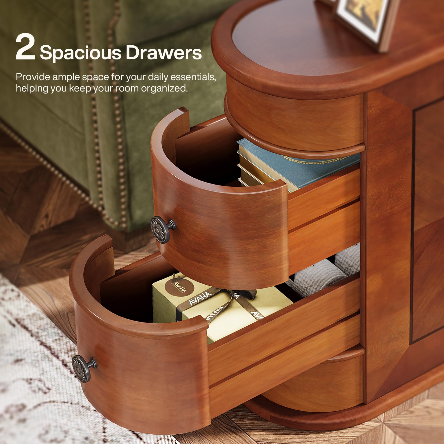 Tribesigns End Table with 2 Drawers, Sofa Side Table with Storage, No Assembly Required, Closed Back, Slim Nightstand Vintage Wood Chairside Bedside Narrow Accent Table for Living Room Bedroom, Brown - Image 5