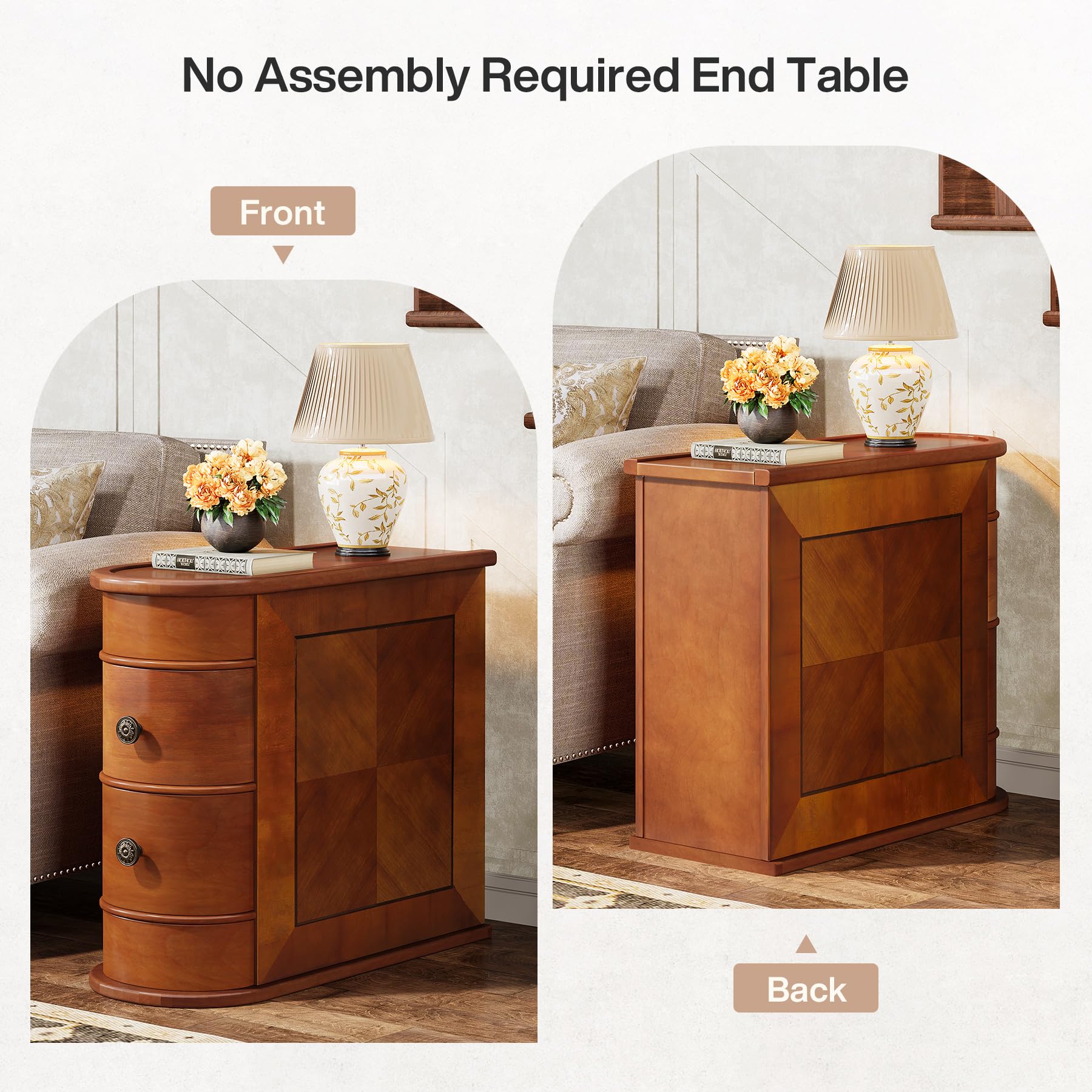 Tribesigns End Table with 2 Drawers, Sofa Side Table with Storage, No Assembly Required, Closed Back, Slim Nightstand Vintage Wood Chairside Bedside Narrow Accent Table for Living Room Bedroom, Brown - Image 7