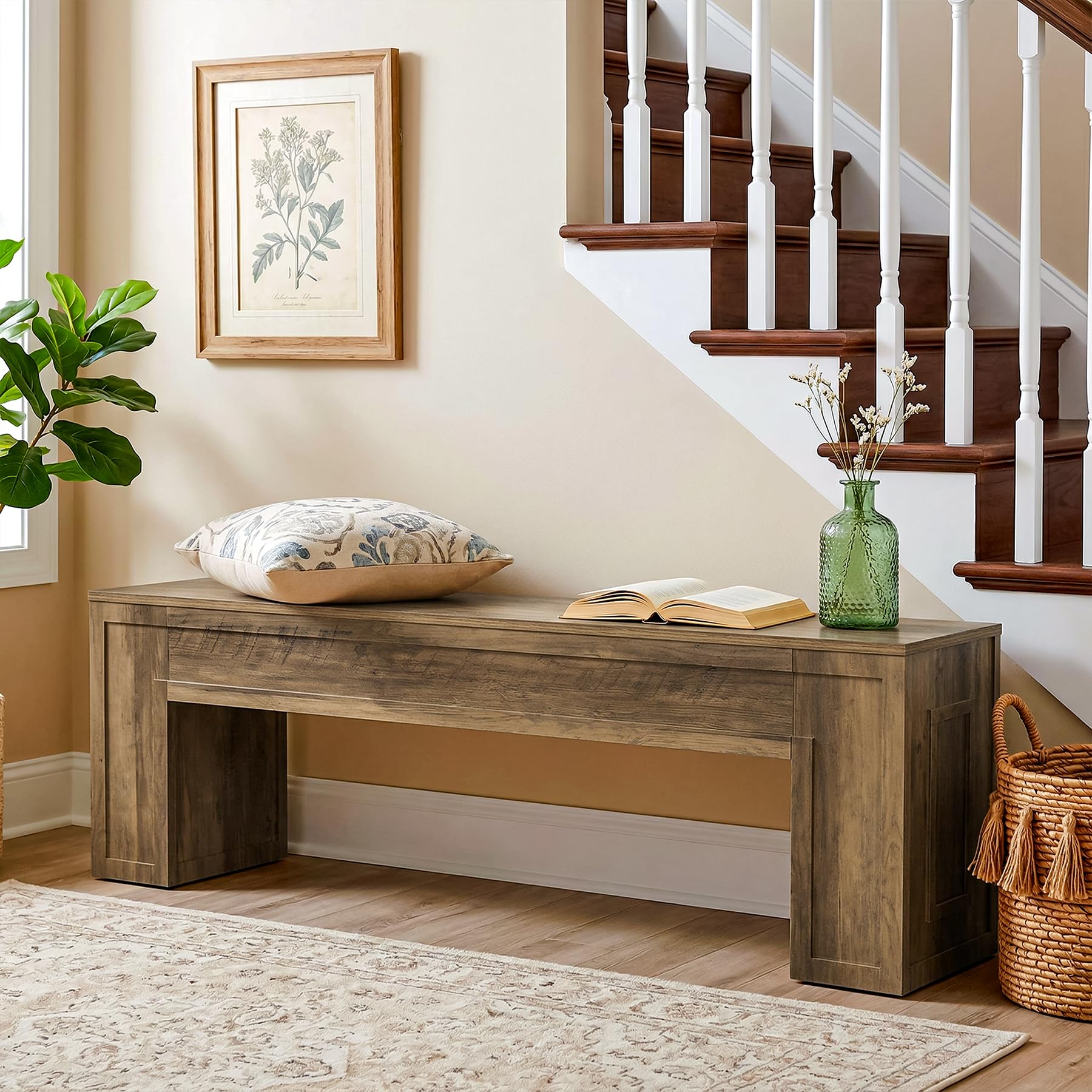 Tribesigns Entryway Bench, 55-Inch Narrow Shoe Bench with 11.81-Inch Depth, Farmhouse End of Bed Bench for Hallway, Bedroom and Living Room, Brown - Image 3