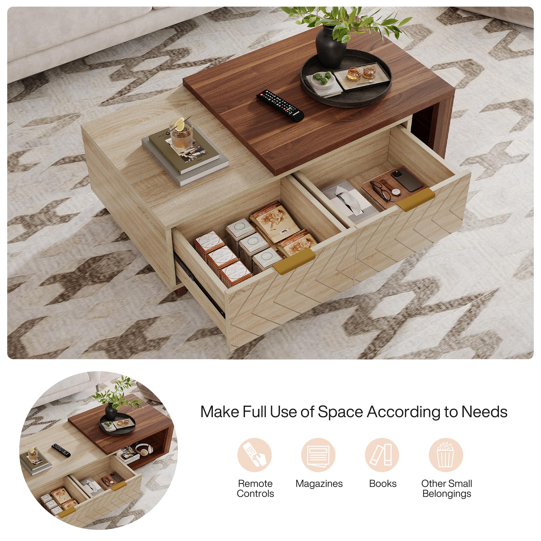 Tribesigns Extendable Coffee Table with 2 Storage Drawers, Dual-Tone Center Table with Sliding Tabletop, Multi-Functional Hidden Storage Wooden Rectangle Cocktail Table for Living Room (Walnut & Oak) - Image 4