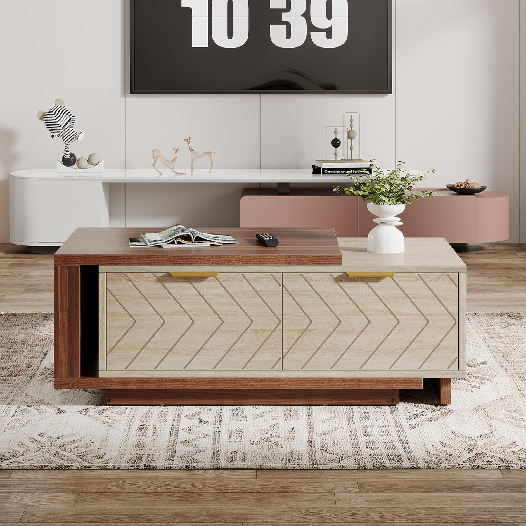 Tribesigns Extendable Coffee Table with 2 Storage Drawers, Dual-Tone Center Table with Sliding Tabletop, Multi-Functional Hidden Storage Wooden Rectangle Cocktail Table for Living Room (Walnut & Oak) - Image 6