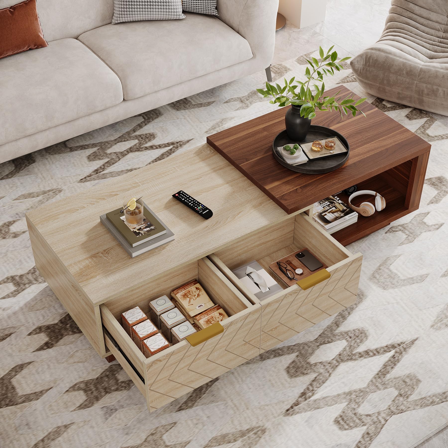 Tribesigns Extendable Coffee Table with 2 Storage Drawers, Dual-Tone Center Table with Sliding Tabletop, Multi-Functional Hidden Storage Wooden Rectangle Cocktail Table for Living Room (Walnut & Oak) - Image 7