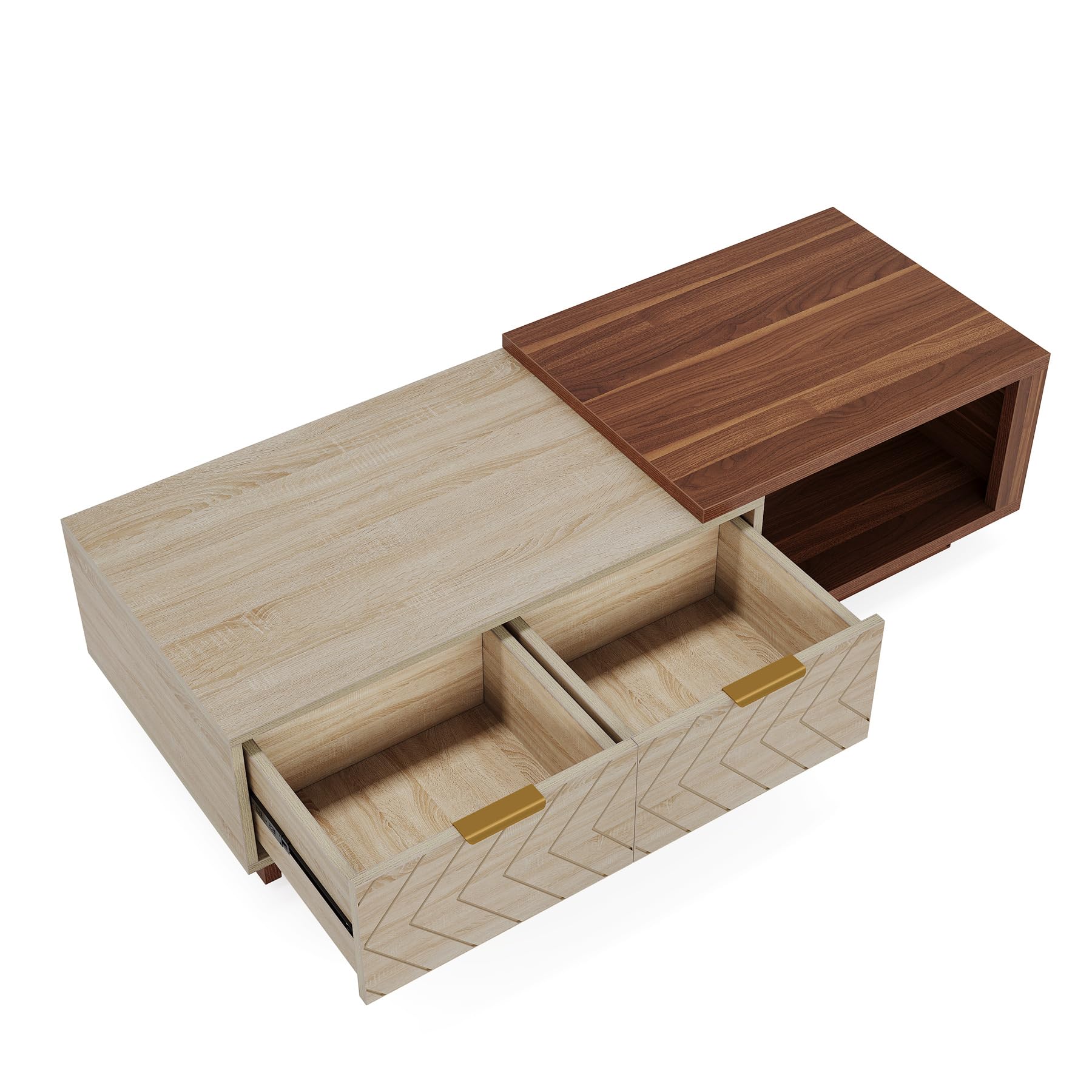 Tribesigns Extendable Coffee Table with 2 Storage Drawers, Dual-Tone Center Table with Sliding Tabletop, Multi-Functional Hidden Storage Wooden Rectangle Cocktail Table for Living Room (Walnut & Oak) - Image 8