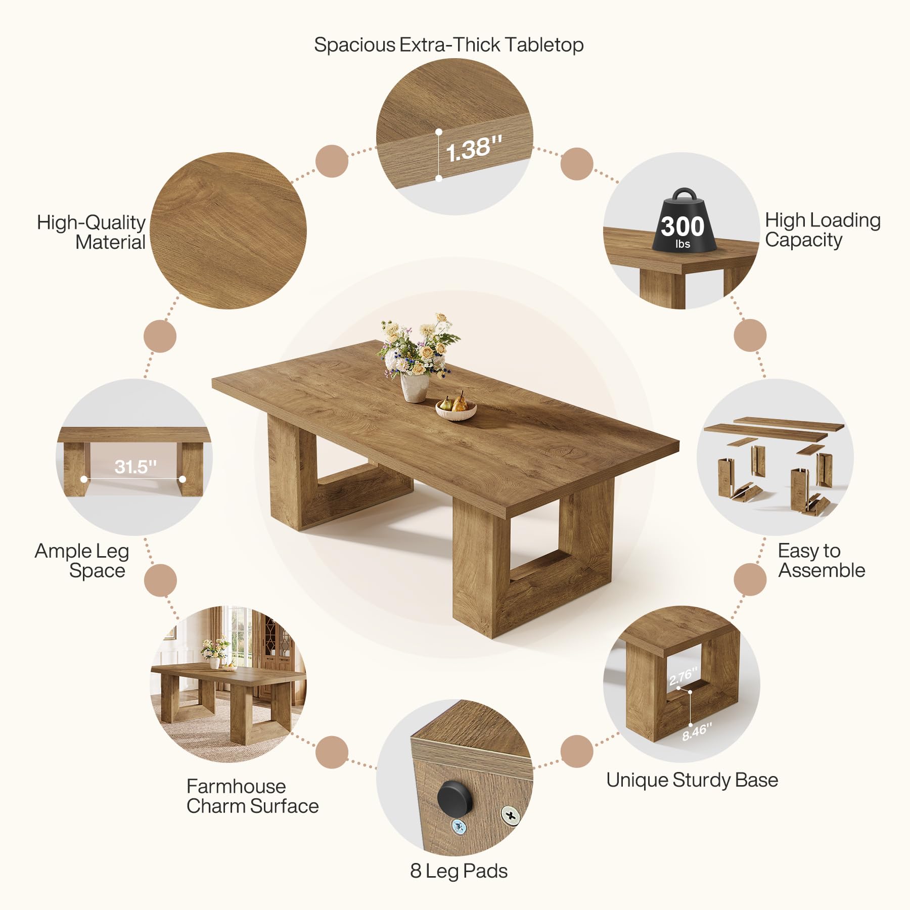 Tribesigns Farmhouse Dining Table, 63-Inch Rectangular Kitchen Table with Strong Geometric Frame for Kitchen & Dining & Living Room, Brown - Image 5