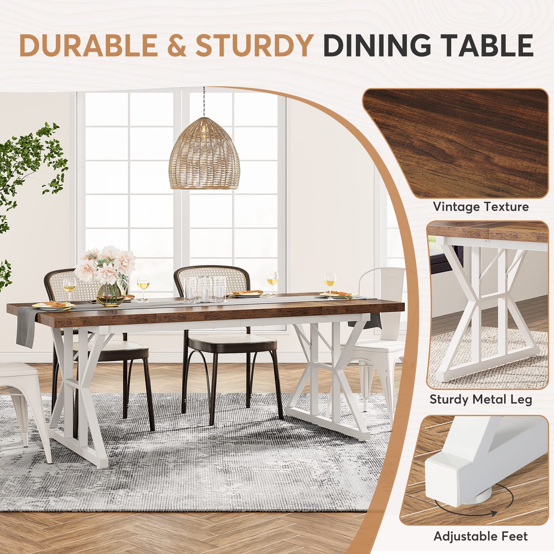 Tribesigns Farmhouse Dining Table for 6 People, 70.8-Inch Rectangular Wood Dining Table, Rustic Kitchen Table with Heavy Duty Metal Legs for Dining Room (Brown/White) - Image 7