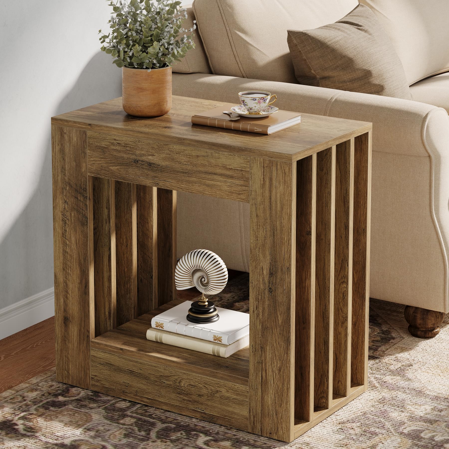 Tribesigns Farmhouse End Table, 2-Tier Side Table with Storage Shelf, Slim Coffee Table for Small Spaces, Industrial Sofa Side Table for Living Room, Bedroom, Rustic Brown - Image 3