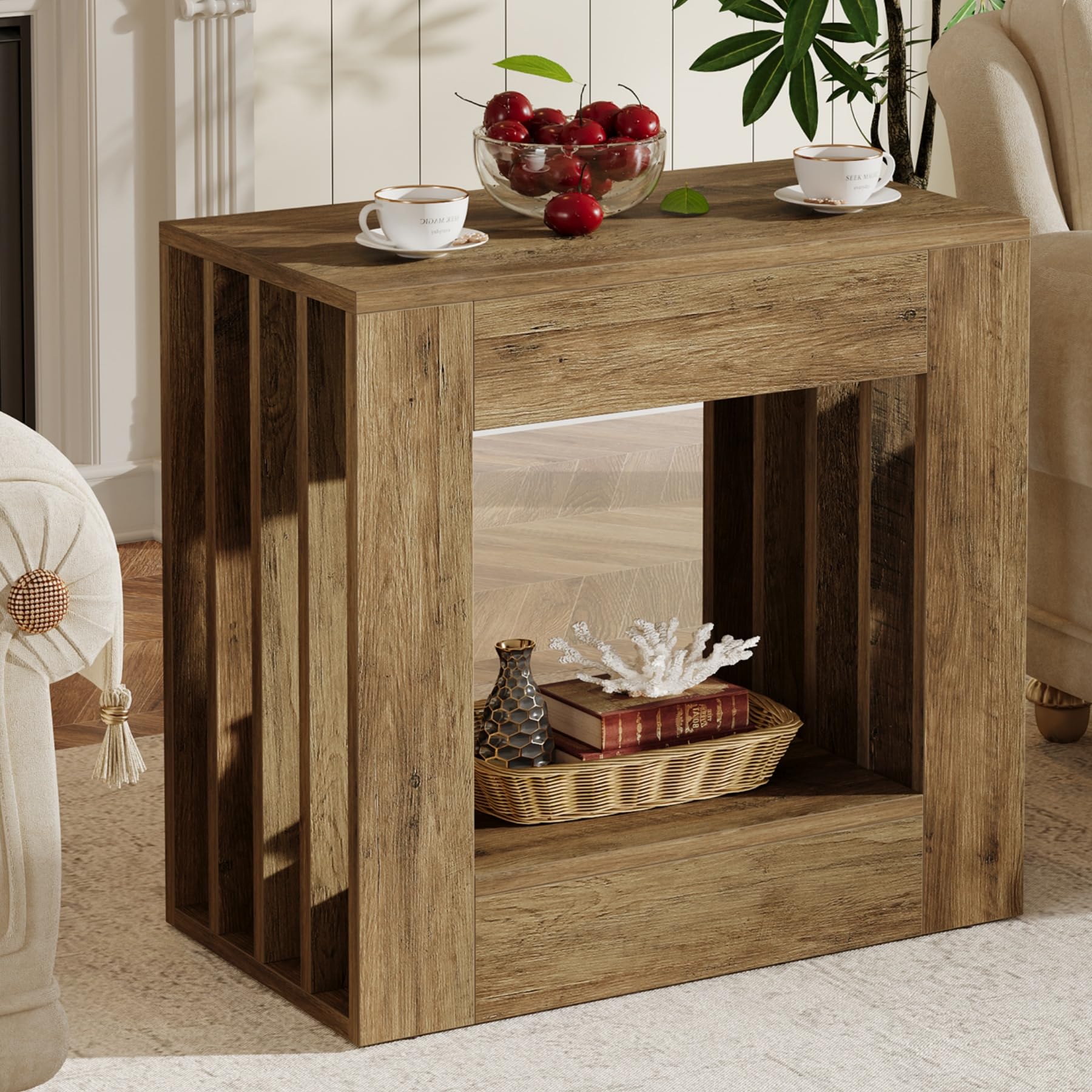 Tribesigns Farmhouse End Table, 2-Tier Side Table with Storage Shelf, Slim Coffee Table for Small Spaces, Industrial Sofa Side Table for Living Room, Bedroom, Rustic Brown - Image 8
